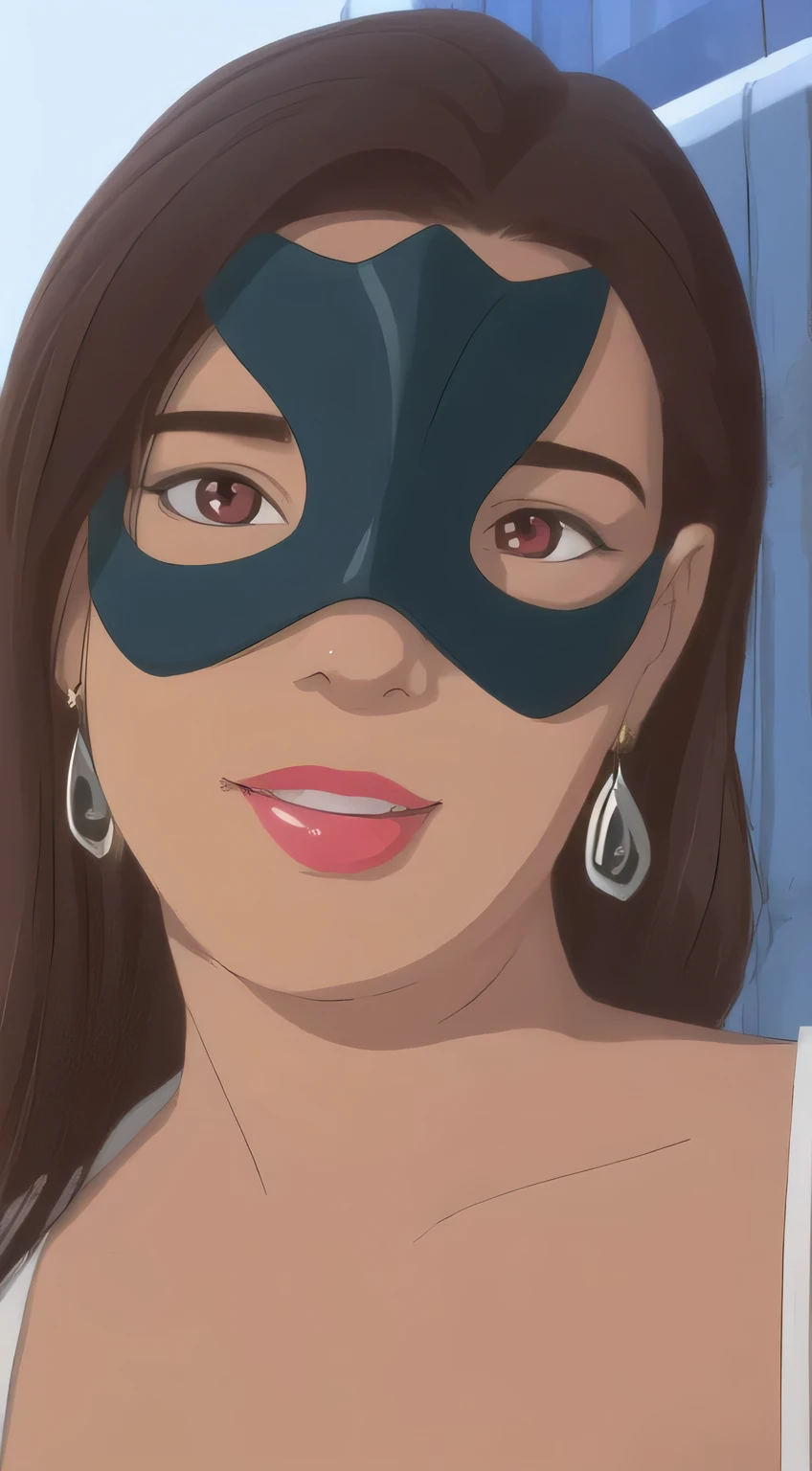 ((close-up, eye mask)), a 30yo woman ((tailbone-length very long brown hair)),  (wearing black bikini), ((Red Eye Mask):1.0), in a pool, (masterpiece, best quality:1.2), photorealistic, HDR, 4K, 8K, 16K