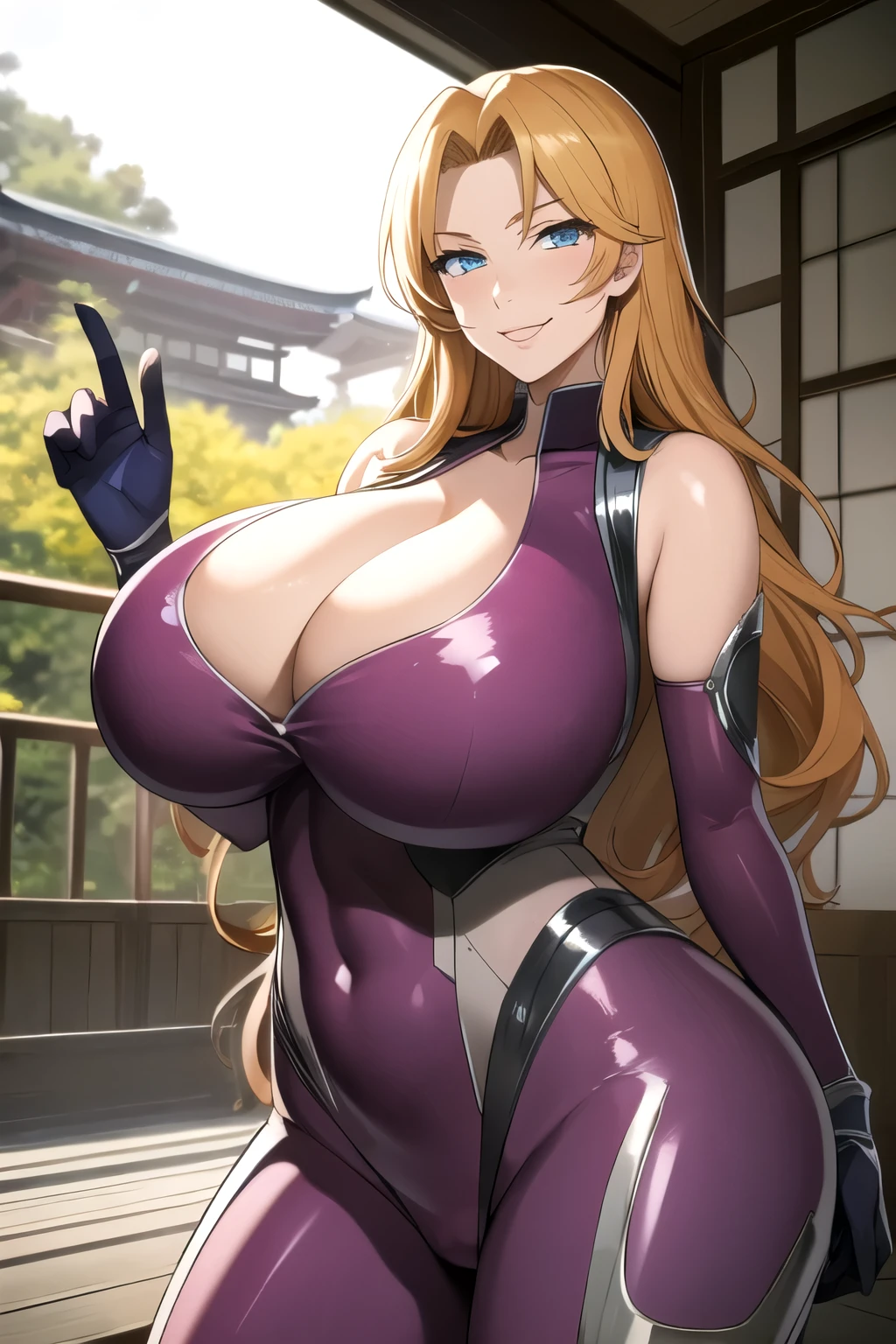 masterpiece, best quality, matsumoto rangiku, beautiful lighting, long hair, (bodysuit), gigantic breasts, standing, looking at viewer, blue eyes, smile, japanese architecture, cowboy shot, shiny skin, gigantic breasts, curvy, seductive smile, bare shoulders, elbow gloves