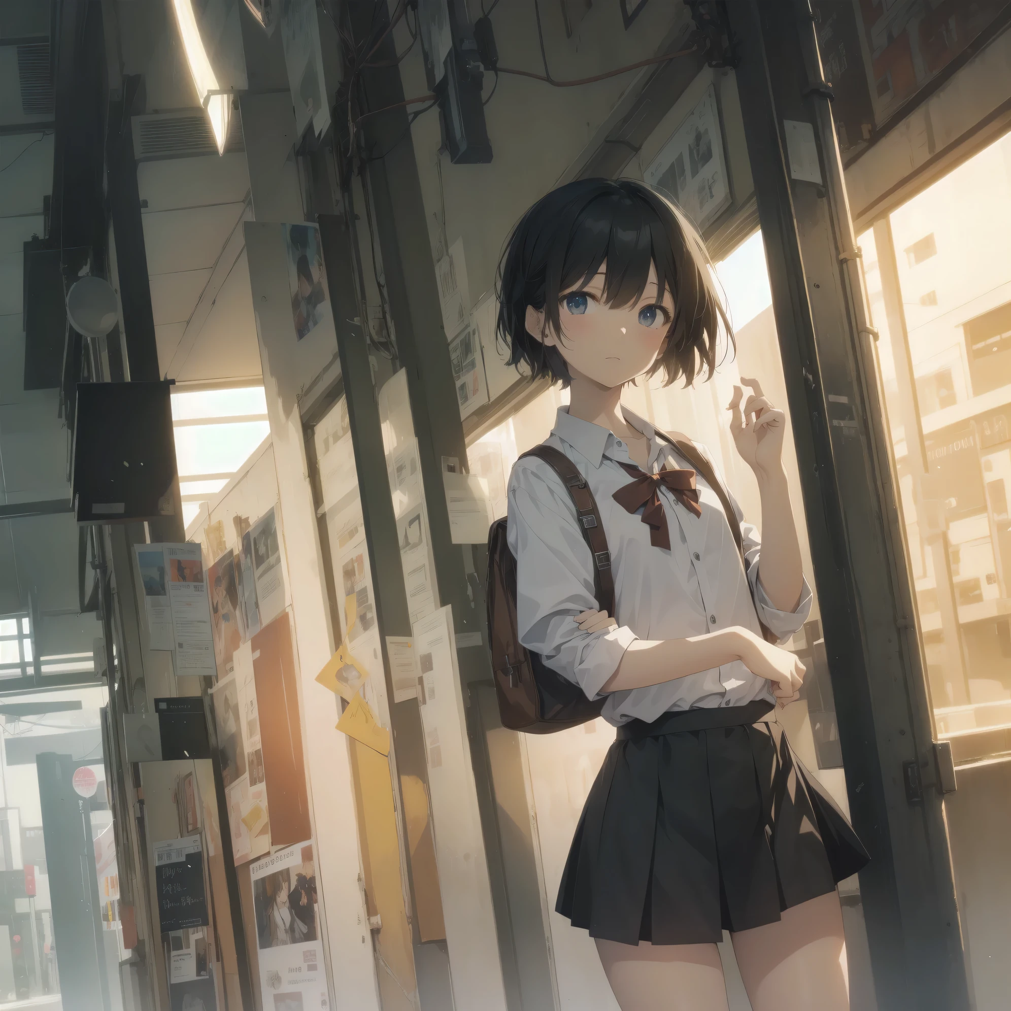 Super Absurd - Top Quality from the God of Art, Super detailed, High resolution, anime moe art style, best anime 8K konachan wallpaper, Pixiv contest winners, perfect anatomy,break, (眠そうにalone学校へ行く女の子を描いてください. )break,1 girl, (alone,little woman, 13 years old:1.3),All limbs, full finger,, The charm of an immature body, (very_short hair), shortcut, Bang, flat chest, small ass, between legs, small black eyes, detailed and beautiful eyes, Well-proportioned iris and pupils, expressive eyes, High resolutionの詳細な髪, neck ribbon, shirt, collared shirt, skirt, pleated skirt, , (detailed lighting), (detailed background), On the way to school. break,super dense skin, Best cinematic lighting powered by famous artist, 8K,Beauty Illustration,photoshop_(Moderate),Absurd Hi-Res,UHD,rough skin,break,((artist:Fujiyama)), artist:Fujichoko,artist:Yamamoto_Soichiro,artist:hanekoto