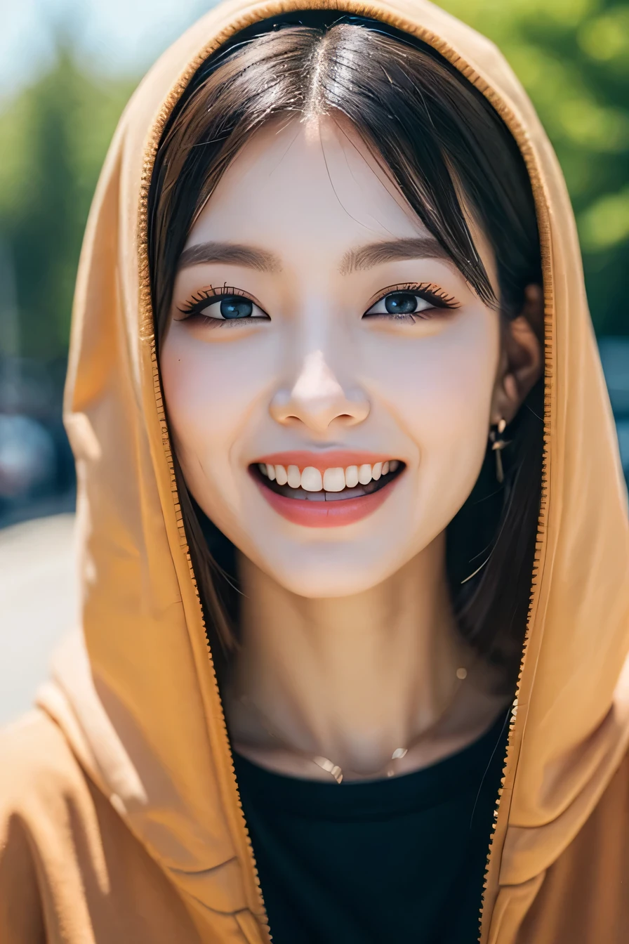 clear woman, cute, super detailed human face, 長いblack hair, fringe, highly detailed brown eyes, highly detailed teeth, white teeth, wearing a hoodie, city、 amazing details, Canon 5DM4, film stock photography, F1.6 lenses, realistic texture, unreal engine, photorealist,black hair、dark eyeliner、ear piercing、necklace around neck、beautiful teeth、Hairstyle Long