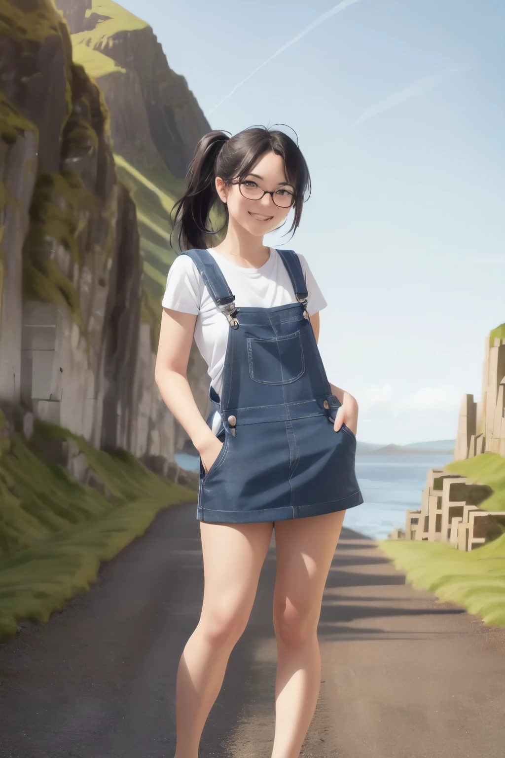 ((wide angle shot, full body shot)) beautiful female tourist, black hair in a ponytail, bangs, wearing large glasses, smiling at the corners of the mouth, ((wearing a large overalls and mini skirt)) morning light, Giant's Causeway, Ireland