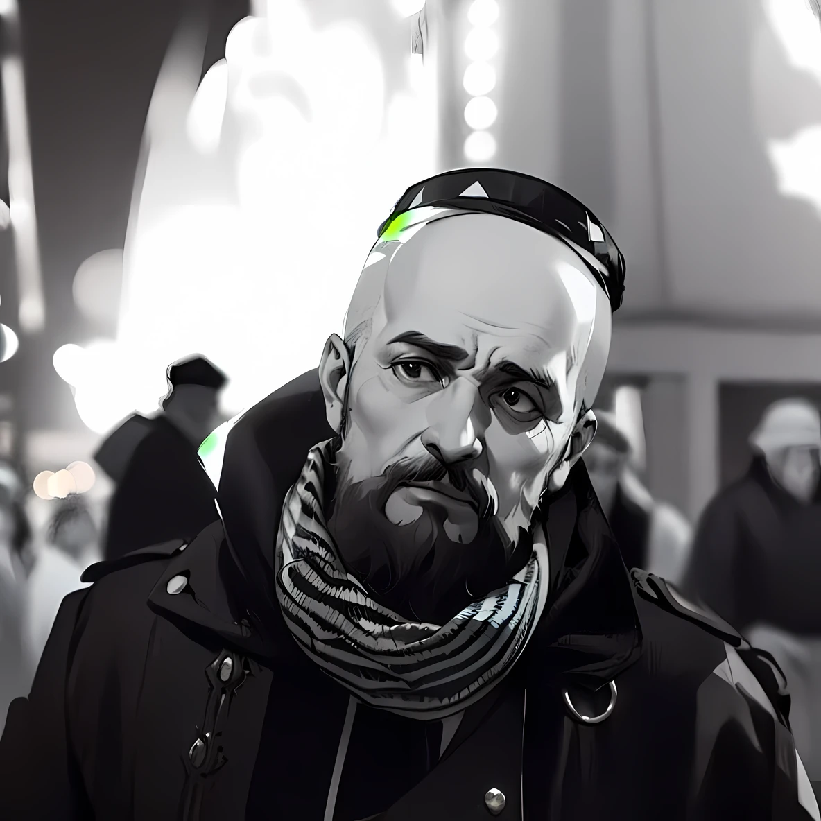 Arafat with a beard and scarf stands on a crowded street, Andrey Ryabovicheva, Thomas Allen Koper, style of Ilya Vivishinov, Tomas Strzhalkovski, Jan Konupek, egor letov, dmitry mazurkevich, Krzysztof Kononowicz