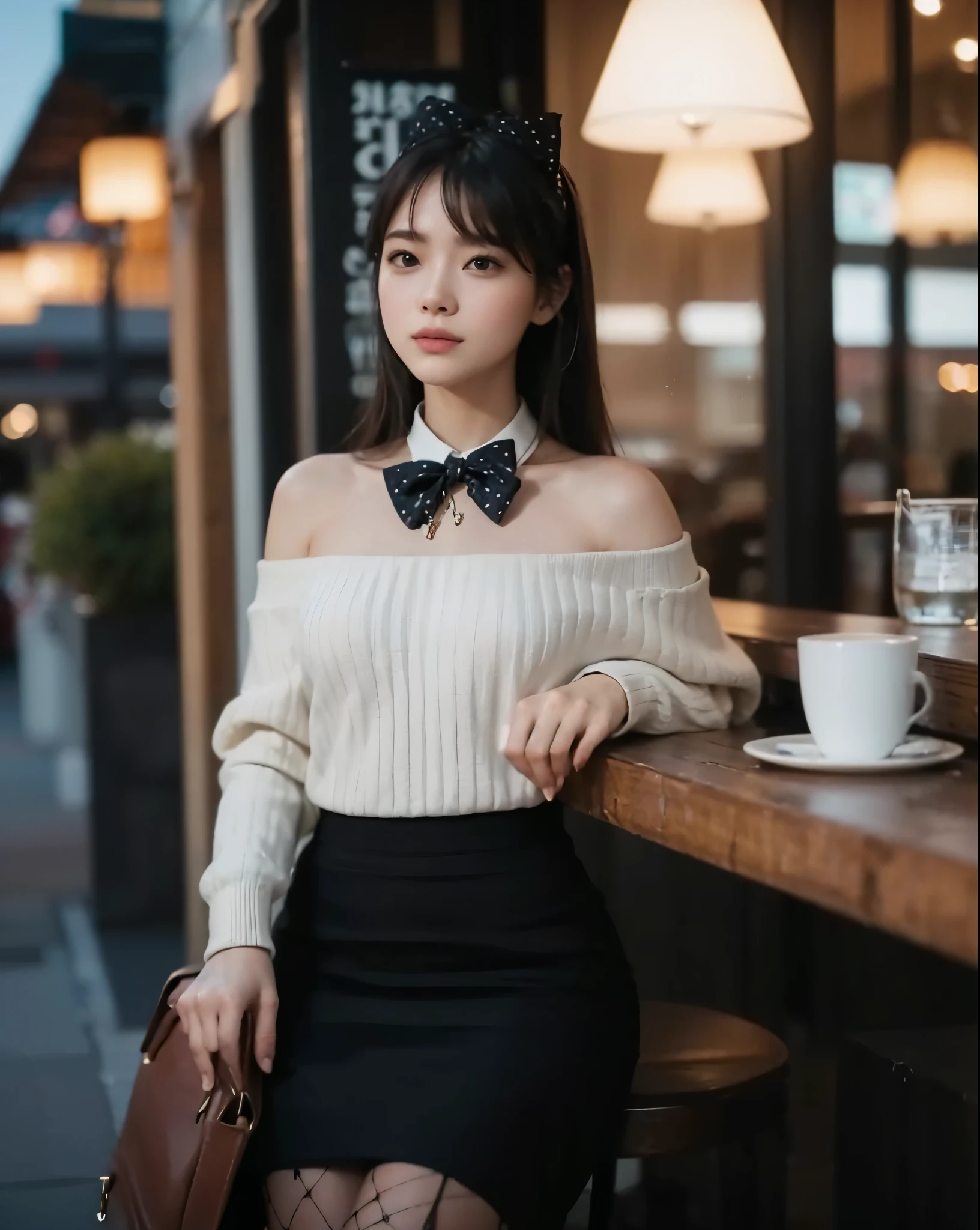 8k 超高清, digital SLR camera, filmgrain, 富士 XT3,(best best quality:1.3), (master masterpiece:1.1), great resolution, cinematic light, Complicated Detail, (PhotoRealistic), Exterior, Beautiful outside, IT was sunny,
Korean girls,(In the café:1.5) , Dimples, bobed hair, looking at the viewers, detailded, Ribbon, bow Tie, Naked Shoulders, ribbed sweater,
pencil skirt,high waist skirt,head rest,sitting,inside room,
Choker,black pantyhoses,sheet transportation sweater,(Sorrisos),(total body:1.6),Slender,