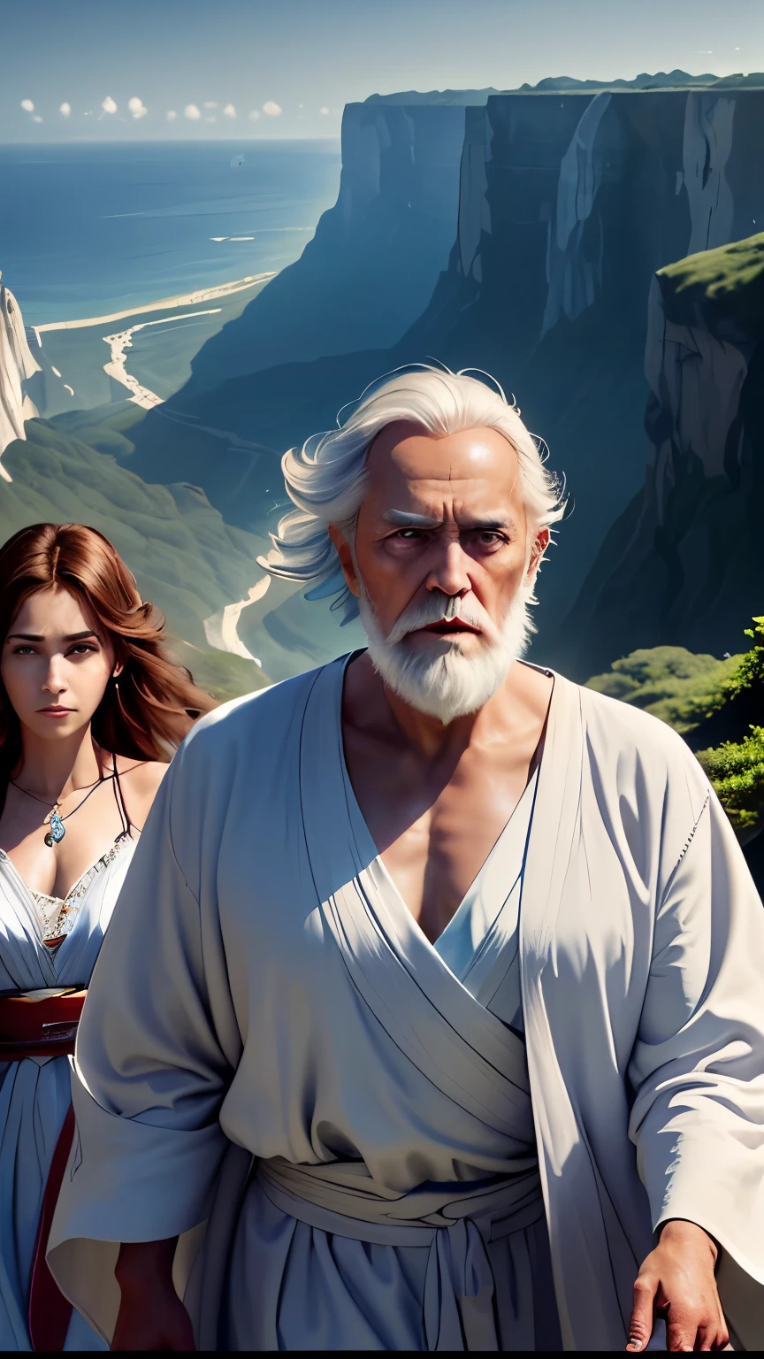An old man in a white robe walking from the edge of a cliff, followed by a group of people dressed in white clothes, looking nervous and hurried. (best quality, ultra-detailed) The old man has a long white beard and his face is wrinkled, showing wisdom and experience. The wrinkles on his forehead indicate a lifetime of contemplation. The robes are made of light and flowing fabric, adding a sense of spirituality to his appearance. (photorealistic:1.37) The group of people behind him are of different ages, ranging from young children to elderly. They are all dressed in white to symbolize purity and unity. The tension in their faces suggests that they are on a mission or facing a challenging situation. (vivid colors) The scene is set on a rugged cliff, with the vast expanse of a deep blue ocean below. The cliff is covered in lush green vegetation, adding a sense of serenity to the otherwise tense atmosphere. The lighting is soft and warm, casting long shadows on the ground.