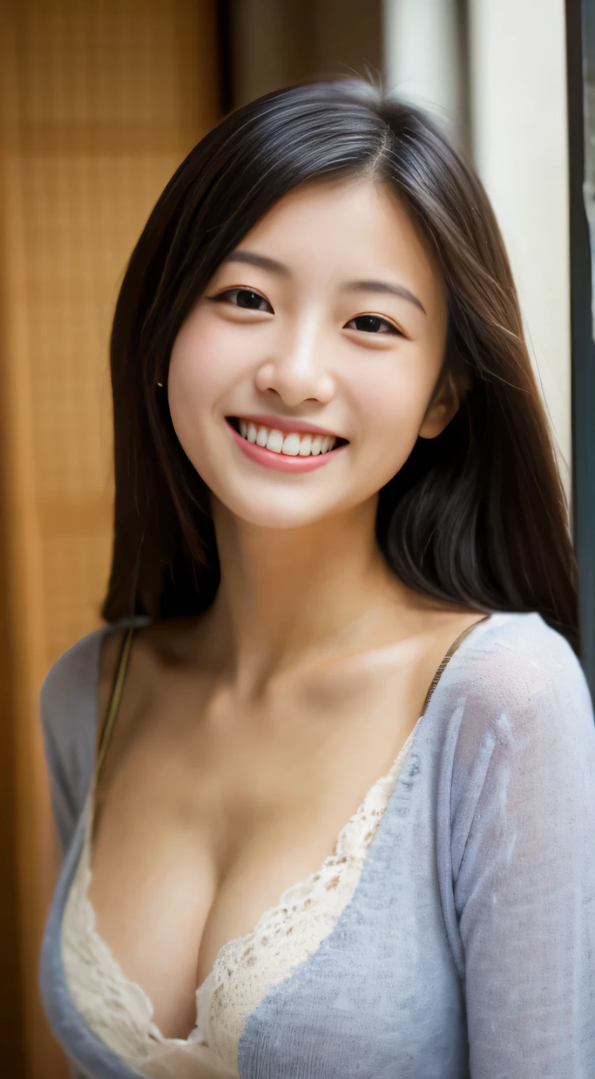 masterpiece,best quality,(Japanese ),((Beautiful girl)),cleavage,indoor,(perfect body beauty:1.2),(shy smile),beautiful teeth,