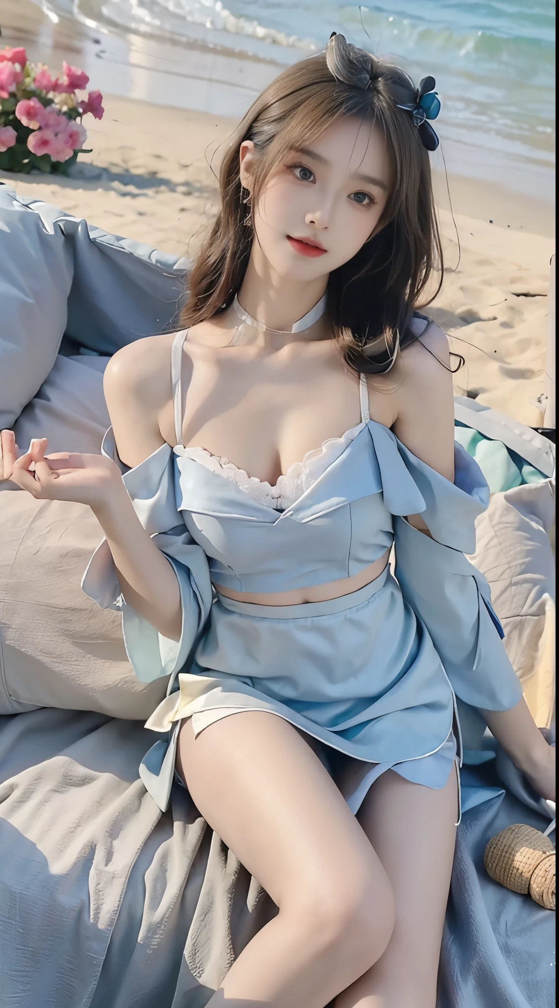(genshin impact), (masterpiece, best quality:1.2), 1girl, solo, ((bare shoulders)), (actual:1.37), ((lying on a beach)), ((Bird's eye view shot)), Sweet maiden, beautiful妆容, Exquisite makeup, Extremely beautiful eyes, long hair, curls, slim body, ((big breasts, Big breasts, cleavage)), Sexy slender legs, The skirt is short, Leaking sexy legs, elegant posture, Dynamic posing, best quality, correct, correct的手, correct的腿, 解剖学correct, official art, complex, detail的脸, detail, lifelike, Very detailed, amazing, beautiful, Young and energetic, Charming model, Meticulous CG Uniform 8k wallpaper