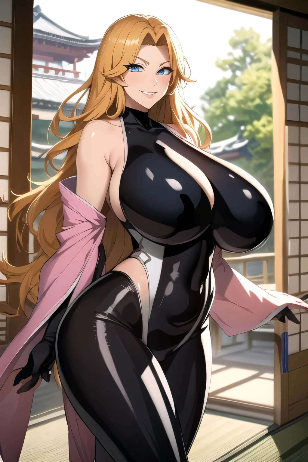 masterpiece, best quality, matsumoto rangiku, beautiful lighting, long hair, (black bodysuit), gigantic breasts, standing, looking at viewer, blue eyes, smile, japanese architecture, cowboy shot, shiny skin, gigantic breasts, curvy, seductive smile, bare shoulders, elbow gloves