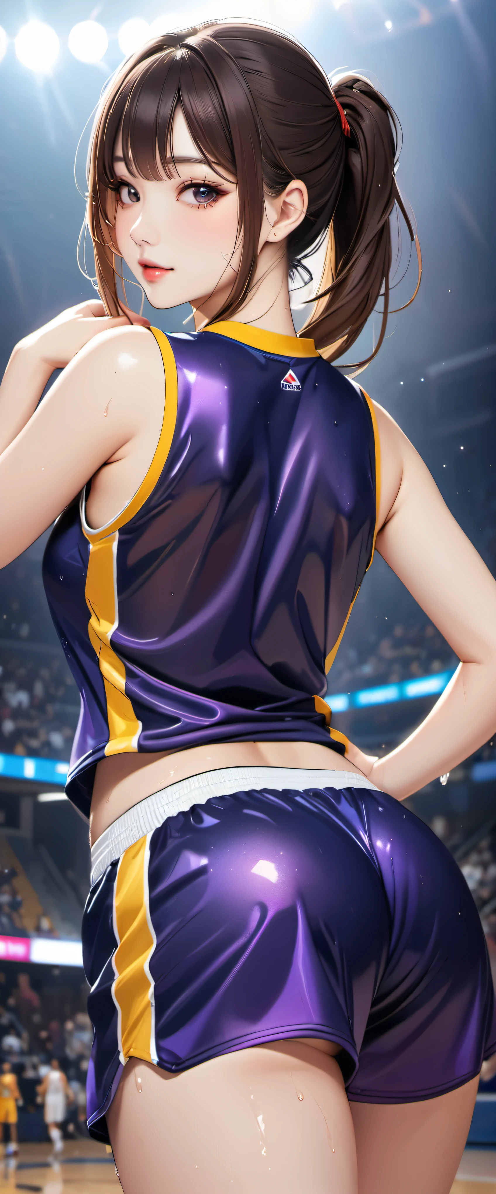 (masterpiece,highest quality,超A high resolution),japanese woman, (((Very beautiful 25 year old girl))), pretty girl、look at the photographer、 ((beautiful low ponytail)), super cute face, glossy lips, double eyelids in both eyes,natural smile、 natural makeup, long eyelashes, shiny smooth hair、center image, perfect limbs, perfect anatomy,(((Basketball Sleeveless Uniform)))、,(wet with sweat),,look back,See-through