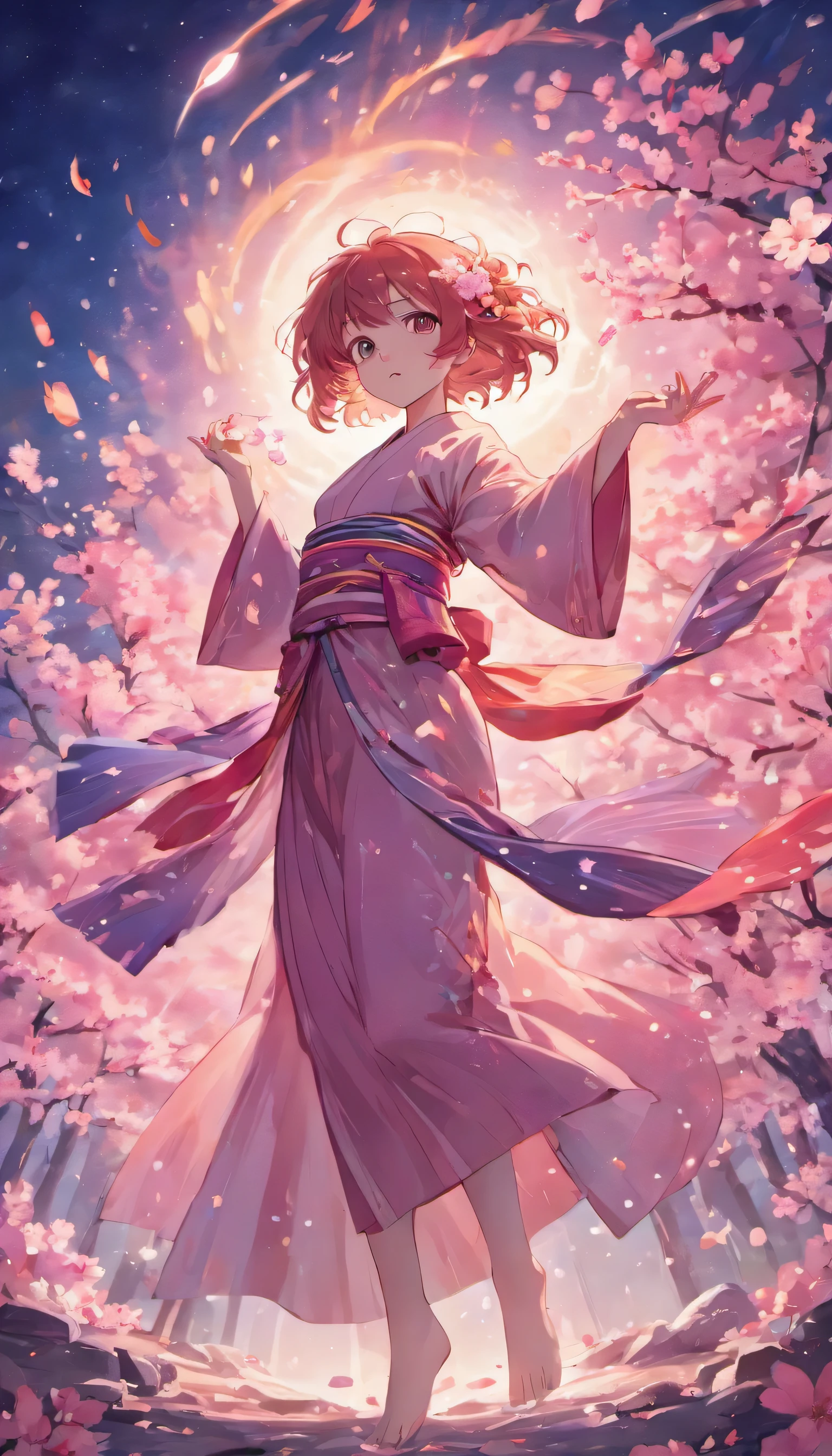 A mesmerizing woman in a celestial-themed kimono, sakura petals swirling around her in a mystical dance, standing atop a moonlit hill overlooking a vast landscape of cherry blossom trees in full bloom, with a hint of ethereal fog adding a dreamlike quality to the scene, invoking a sense of wonder and magic topless, nsfw

