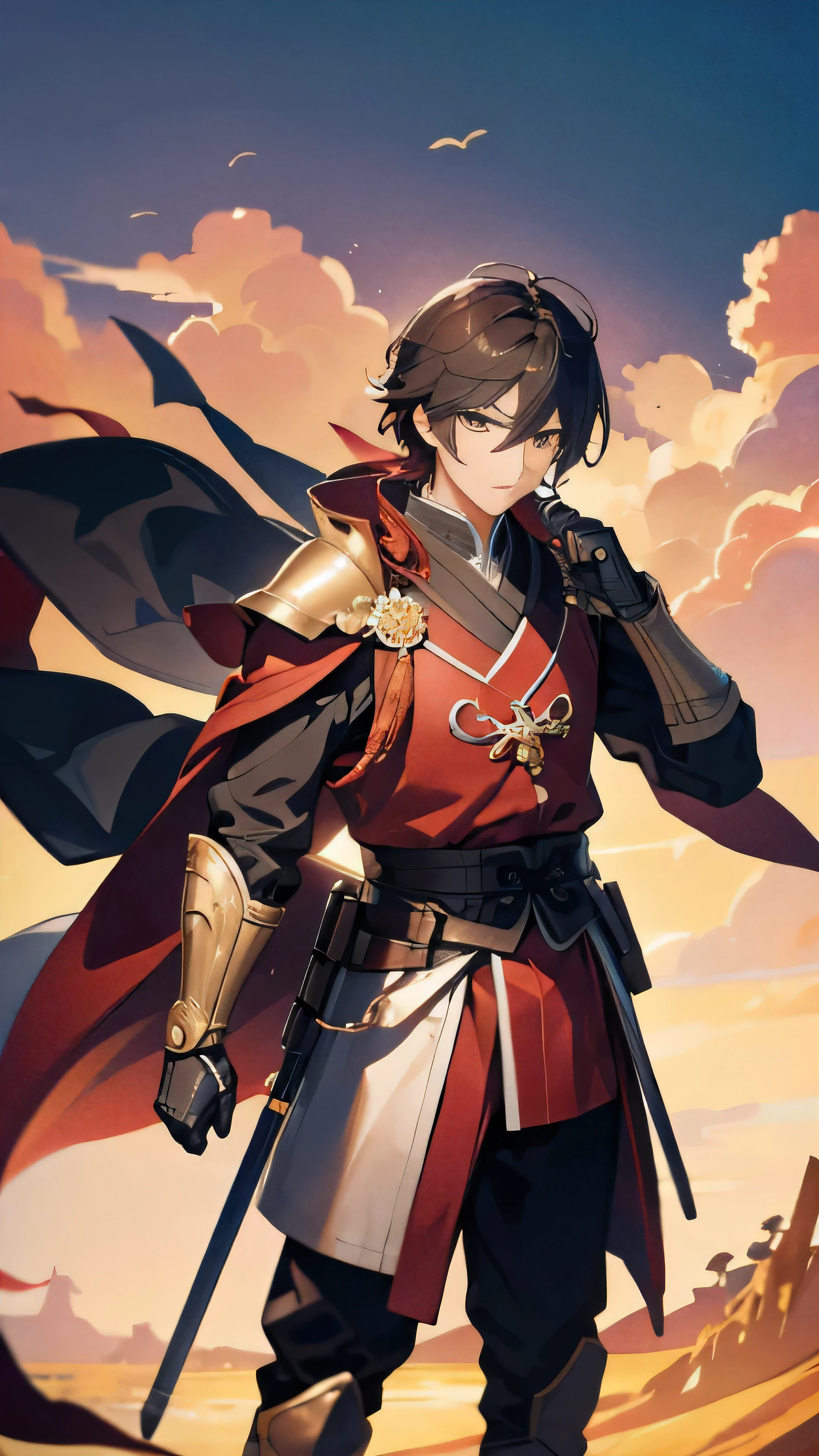 一个穿着Redarmor的man拿着剑站在火前, Genshin , 斩妖除魔艺术中的帥氣的man, Mature,youth,man,帥氣的man,man,Red,Red的armor,armor,ancient,