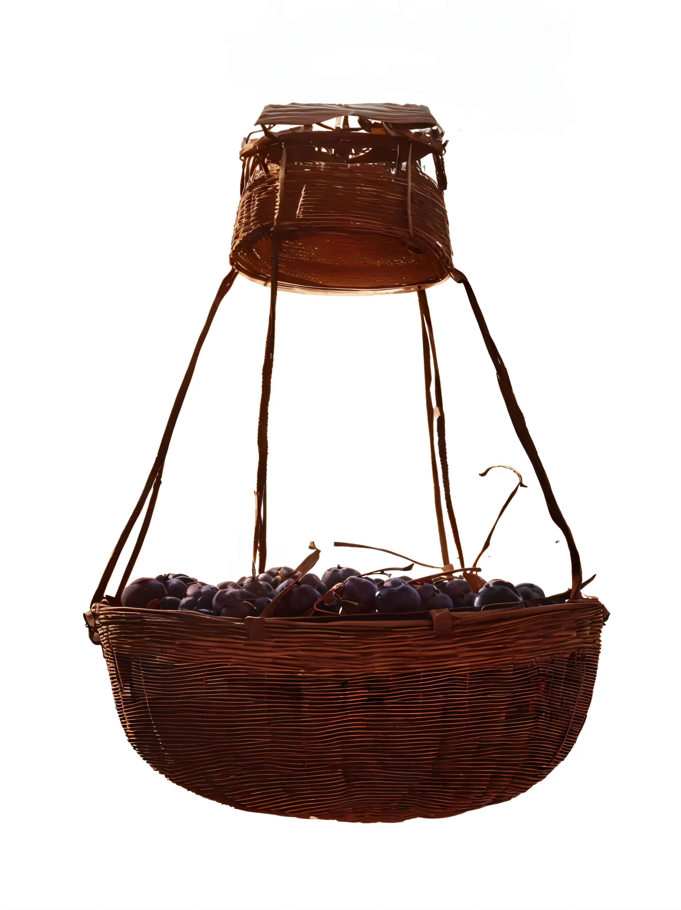 there is a basket with plums hanging from the ceiling, fruits in a basket, balloon, fruit basket, grape, nets, a fruit basket, as an air balloon, highly rendered, full - view, rendering, an ancient, wine, plumbus, rendered, ocatane render, by Albert Swinden, a wide full shot, bottom - view, bottom view