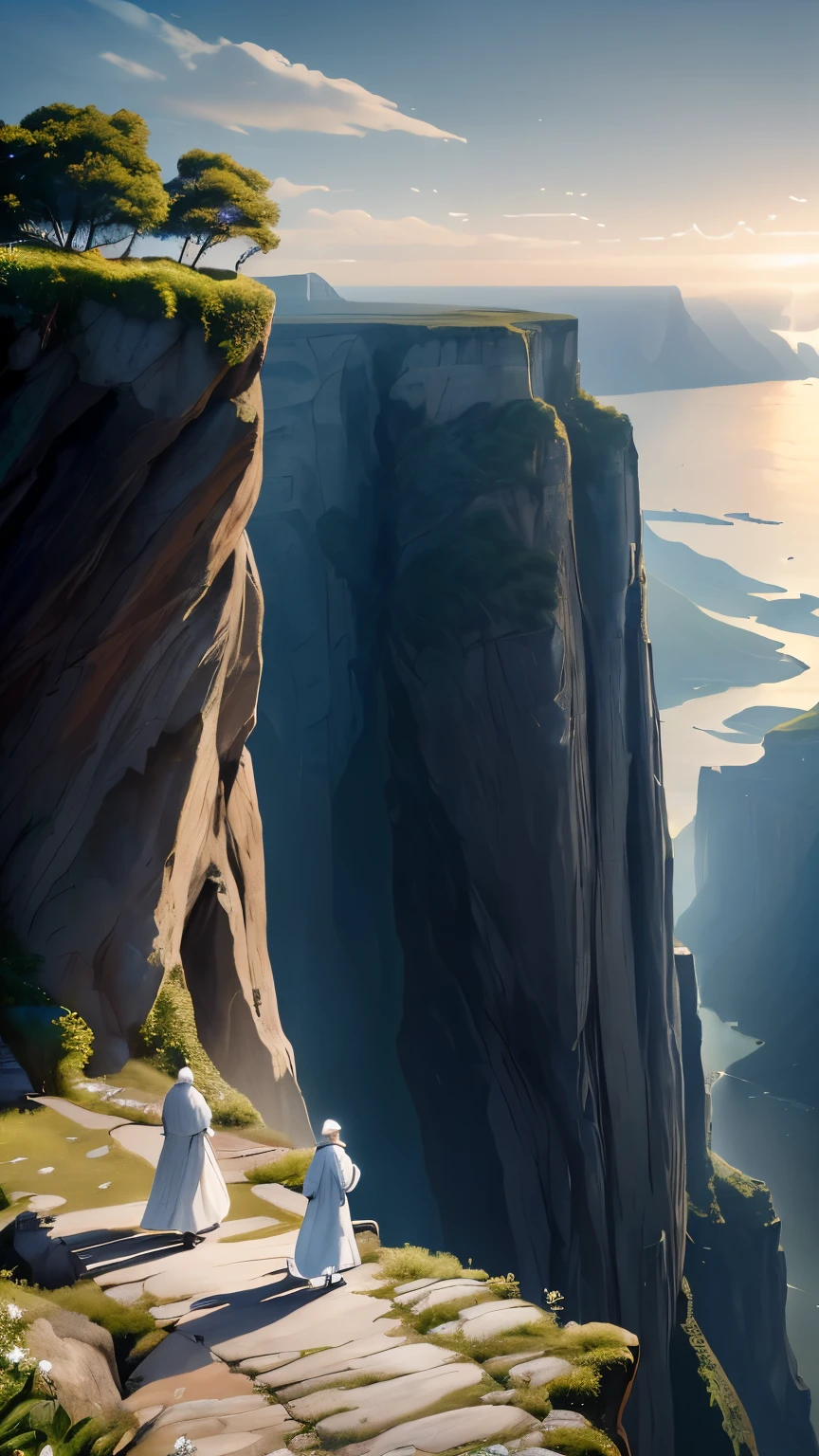 An old man in a white robe walking from the edge of a cliff, followed by a group of people dressed in white clothes, looking nervous and hurried. (best quality, ultra-detailed) The old man has a long white beard and his face is wrinkled, showing wisdom and experience. The wrinkles on his forehead indicate a lifetime of contemplation. The robes are made of light and flowing fabric, adding a sense of spirituality to his appearance. (photorealistic:1.37) The group of people behind him are of different ages, ranging from young children to elderly. They are all dressed in white to symbolize purity and unity. The tension in their faces suggests that they are on a mission or facing a challenging situation. (vivid colors) The scene is set on a rugged cliff, with the vast expanse of a deep blue ocean below. The cliff is covered in lush green vegetation, adding a sense of serenity to the otherwise tense atmosphere. The lighting is soft and warm, casting long shadows on the ground.