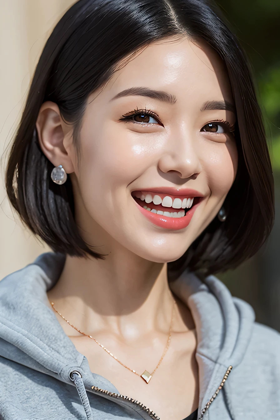 clear woman, cute, super detailed human face, 長いblack hair, fringe, highly detailed brown eyes, highly detailed teeth, white teeth, wearing a hoodie, city、 amazing details, Canon 5DM4, film stock photography, F1.6 lenses, realistic texture, unreal engine, photorealist,black hair、dark eyeliner、ear piercing、necklace around neck、beautiful teeth、hairstyle semi long
