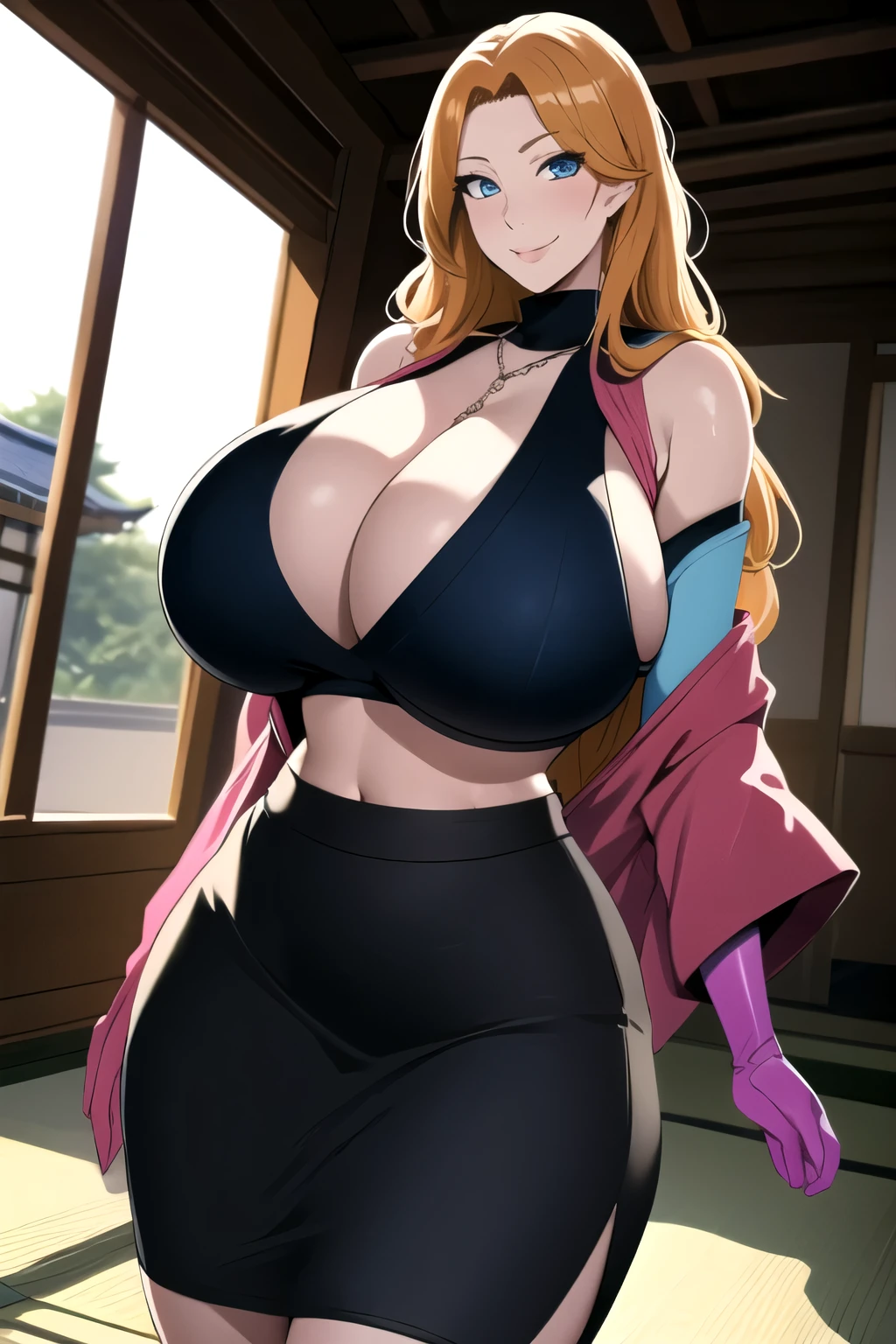 masterpiece, best quality, matsumoto rangiku, beautiful lighting, long hair, turtleneck, crop top, pencil skirt, underboob, necklace, gigantic breasts, standing, looking at viewer, blue eyes, smile, japanese architecture, cowboy shot, shiny skin, gigantic breasts, curvy, seductive smile, bare shoulders, elbow gloves