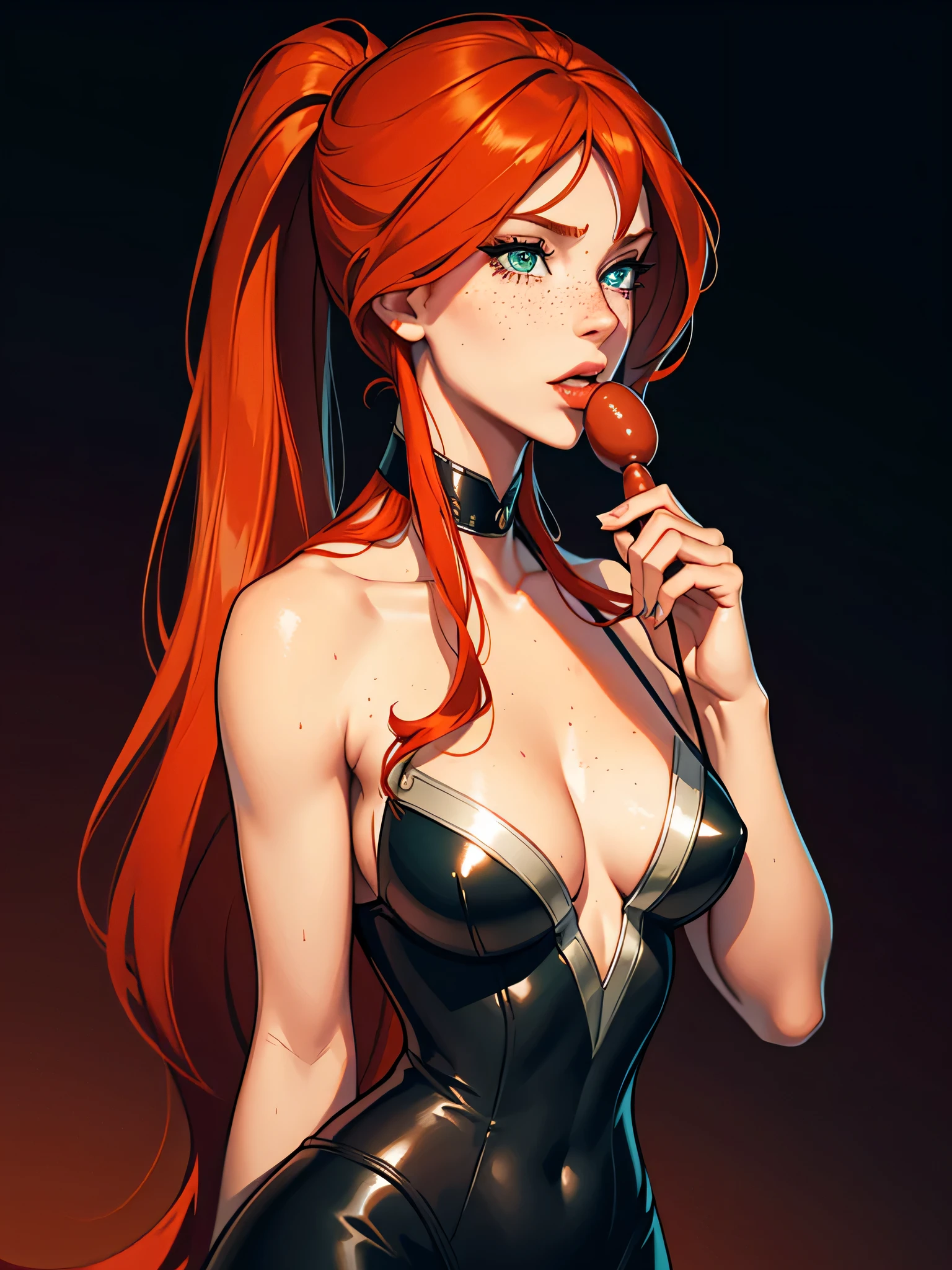 Simplicity and sophistication, shiny skin, green eyes, large breasts, (long red ponytail), freckles, miss fortune, mary jane watson, girl giving blowjob, sexual girl, slutty