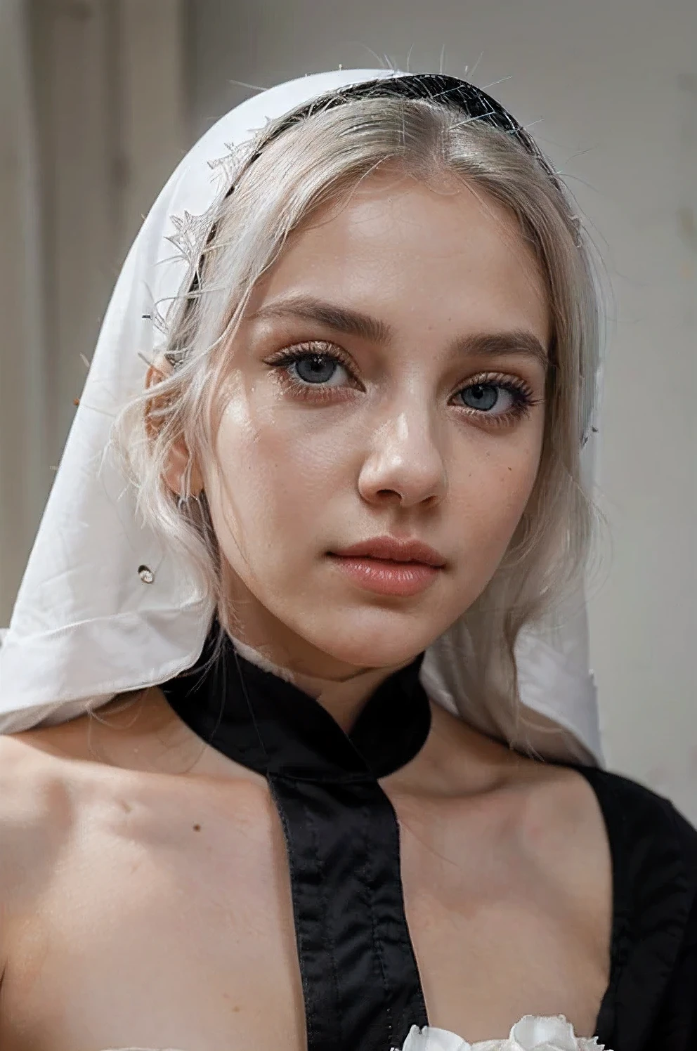 chica monja teniendo sexo con un chico. Ella tiene unos ojos hermosos y detallados., hermosos labios detallados, cara extremadamente detallada, long eyelashes, caliente, Serene Expression, pelo blanco, belleza postura elegante, colores vibrantes.