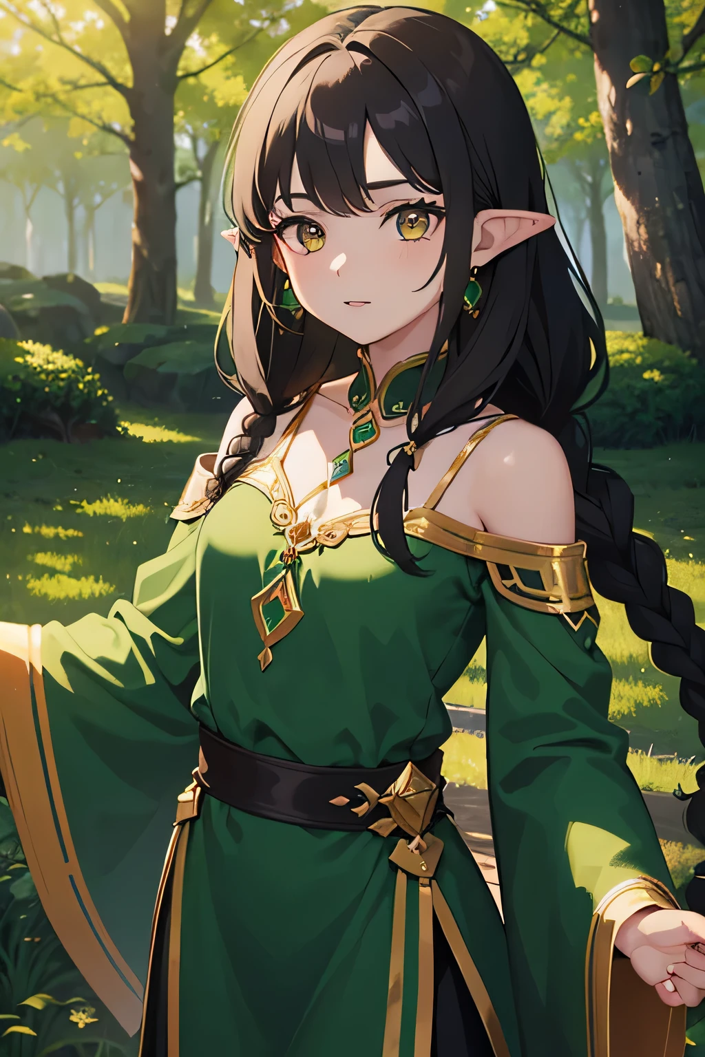 obra maestra, la mejor calidad, Dressed in an emerald green robe., cabello oscuro trenzado con hojas doradas, ojos almendrados en tonos dorados, agile hands, orejas puntiagudas, un bosque encantado como fondo, warm and vibrant colors.