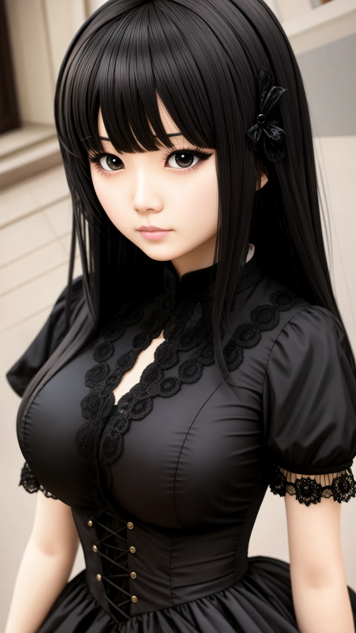 ((best quality)), ((muste piece)), (detailed face), (highlight), (full body), princess、Big breasts、blunt bangs、black hair、Gothic Lolita、