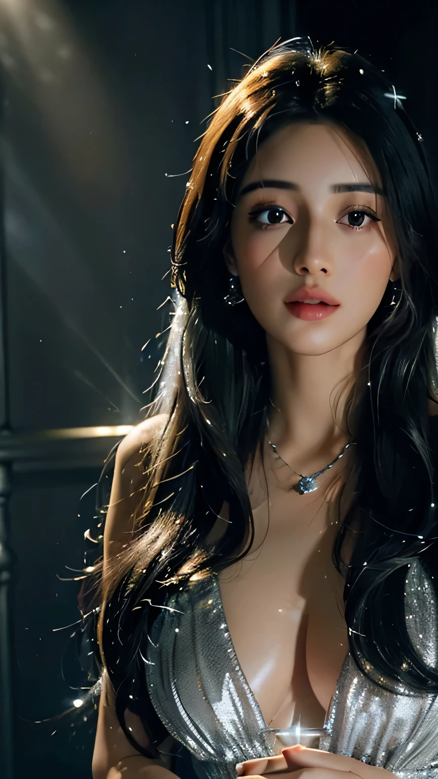 (4K:2.0), (ultra hd), Masterpiece, ((1girl)), beautiful face, (glowing face:1.5), detailed eyes, (ultra long flowing hair:1.5), (black and silver mixed hair color:1.2), crystal hair ornaments, earrings, necklace, (very beautiful:1.5), silver dress, ((glowing dress:1.5)), bare stomach, glowing lace:1.2 shining dress:1.2, magic ball glowing,  jewellery, (soft light:1.5), (spreading lights:1.5), beautiful bright glowing, low lighting, dark room, dark background, (complex shadow:1.2), looking at viewers,