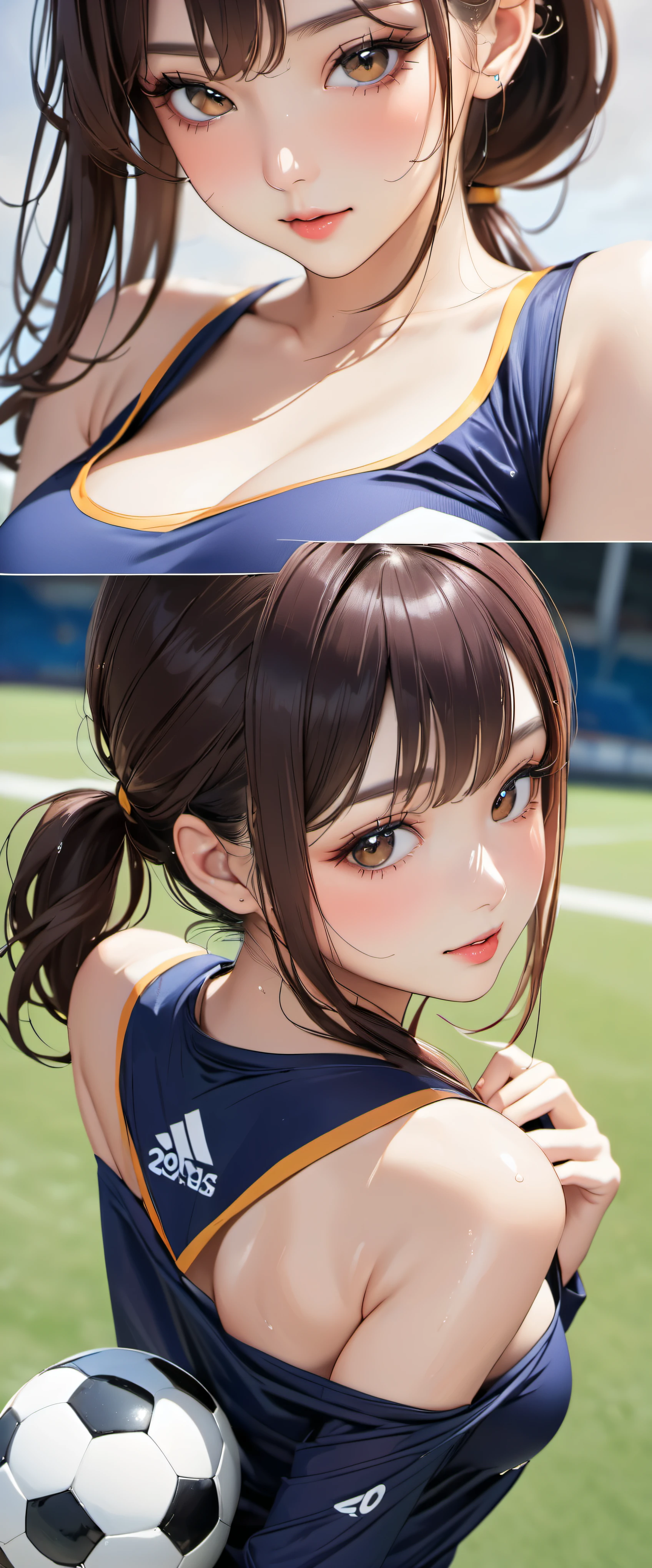 (masterpiece,highest quality,超A high resolution),japanese woman, (((very beautiful 20 year old girl))), pretty girl、look at the photographer、 ((beautiful low ponytail)), super cute face, glossy lips, double eyelids in both eyes,natural smile、 natural makeup, long eyelashes, shiny smooth hair、center image, perfect limbs, perfect anatomy,(((soccer uniform)))、(wet with sweat),,beautiful breasts,See-through,,look back