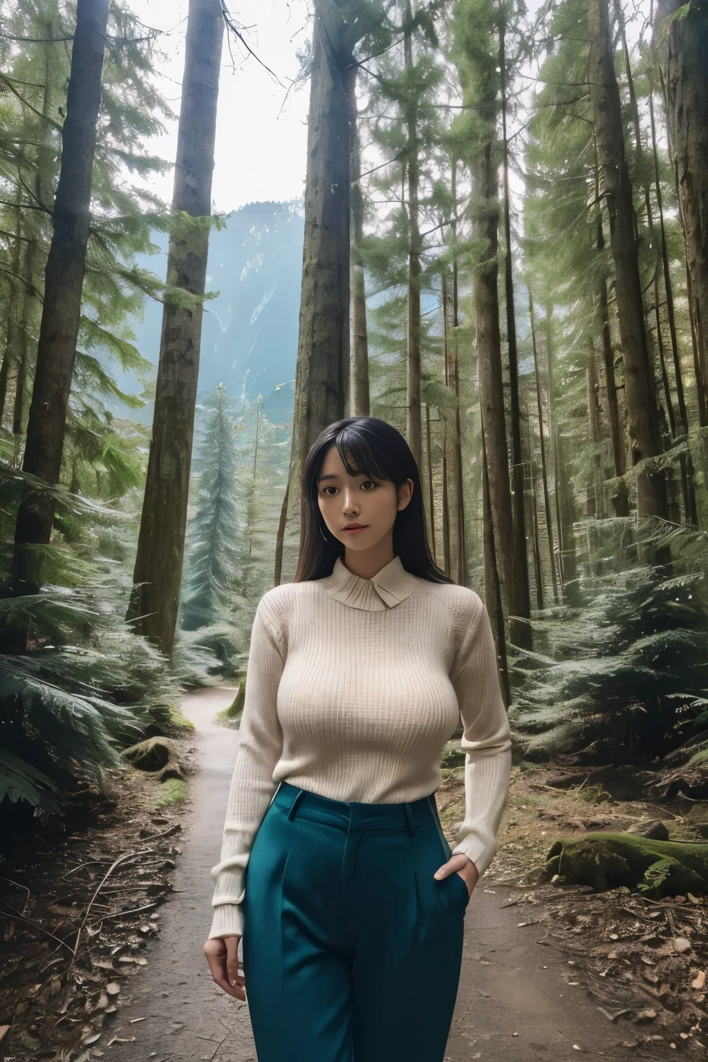 (highest quality,8k,overwhelmingly beautiful:1.2)、(cute japanese girl:1.8、Flawless),(((shirt、pants、jumper)))、(huge breasts:1.10),(best beautiful body)、(Flawless解剖学、beautiful limbs、Precise limbs)、big ass、beautiful thighs、coldness、best art、beautiful shine、darkness of night、 atmosphere、(((Fusion with nature、Deep in the mountains of the primeval forest、sea of trees)))、professional photography、Artistic、圧倒的なArtisticな絵画,