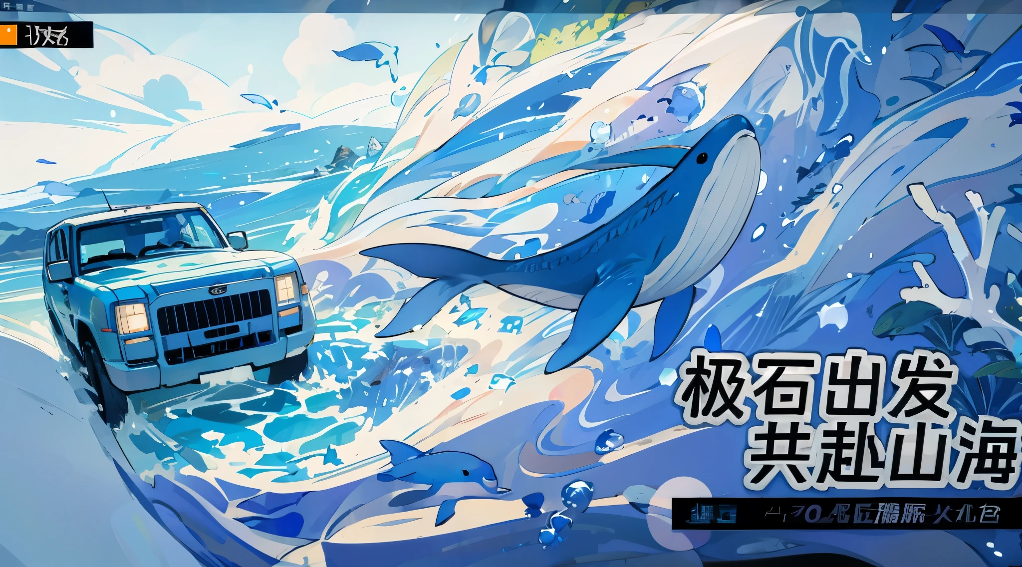 Highest quality，blue tint，Cool colors，Bright tones，bright,colorful，whale，dolphin，marine life，seaweed，Marine illustration，Rich details，There is a picture of a truck driving on the road，In the distance are mountains