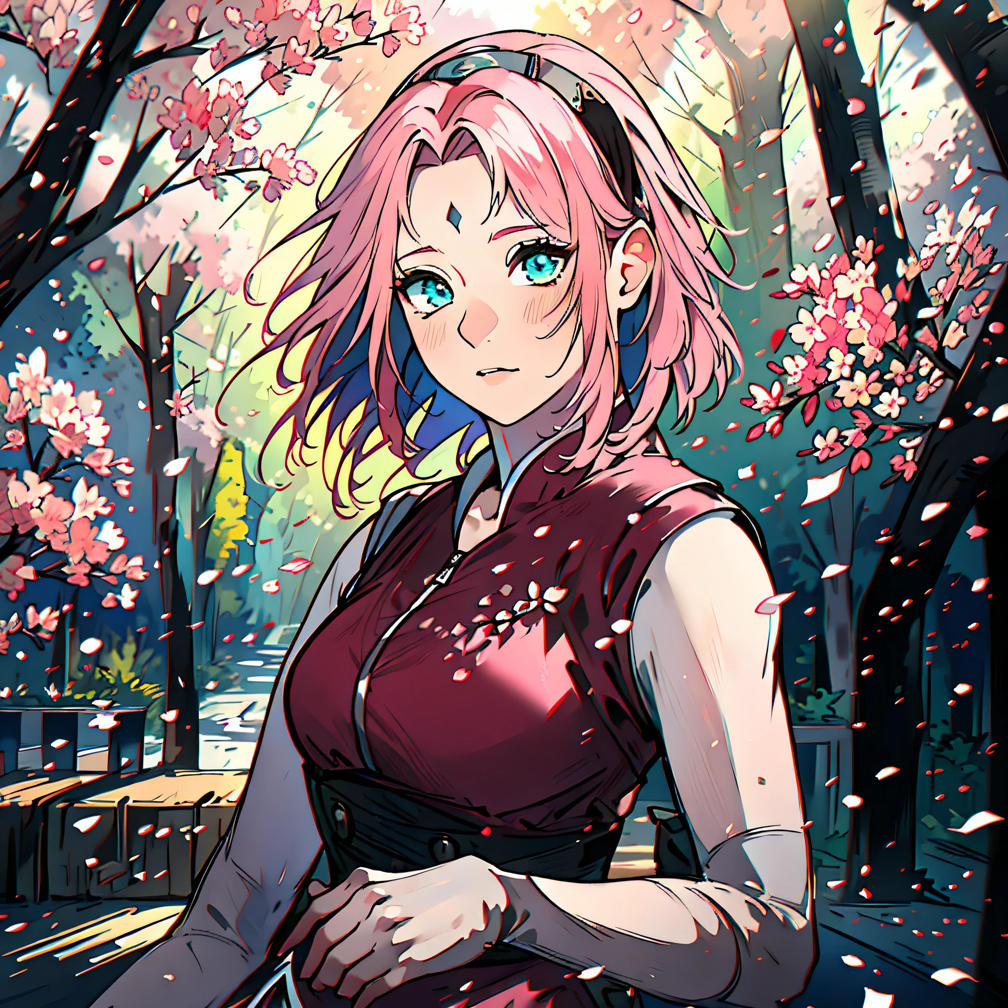 (best quality,4k,8k,highres,masterpiece:1.2),ultra-detailed,realistic,physically-based rendering,anime,portrait,sakura tree,dark pink petals,beautiful girl,short hair,sparkling eyes,artistic rendering,vivid colors,soft lighting