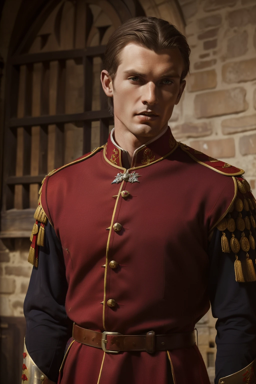 France, 1346. A young ((((29-year-old)) Ralph Fitzgerald)), intense eyes, ambitious, tall, athletic, in a village, ((((evil expression)))). ((((clothings from the 1340s, english red soldier uniform)))), ((dark hairstyle of the 1340s))