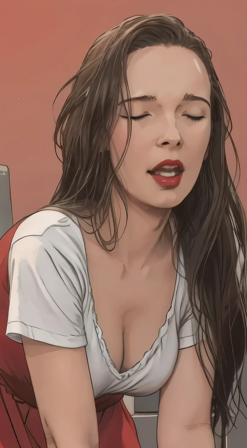 front view, ((view from below, close-up, open mouth)), a 30yo woman  ((tailbone-length very long brown hair)), (((yawning, gape, closed eyes, open mouth, feel pain, red_lips))), yawning, (large thighs), (large hips, thick thigh) ,collar, (tshirt nipple mark), (wearing a red sleep dress:1.2), ((Leap Frog sex pose, ass focus, submissive pose, on all fours))