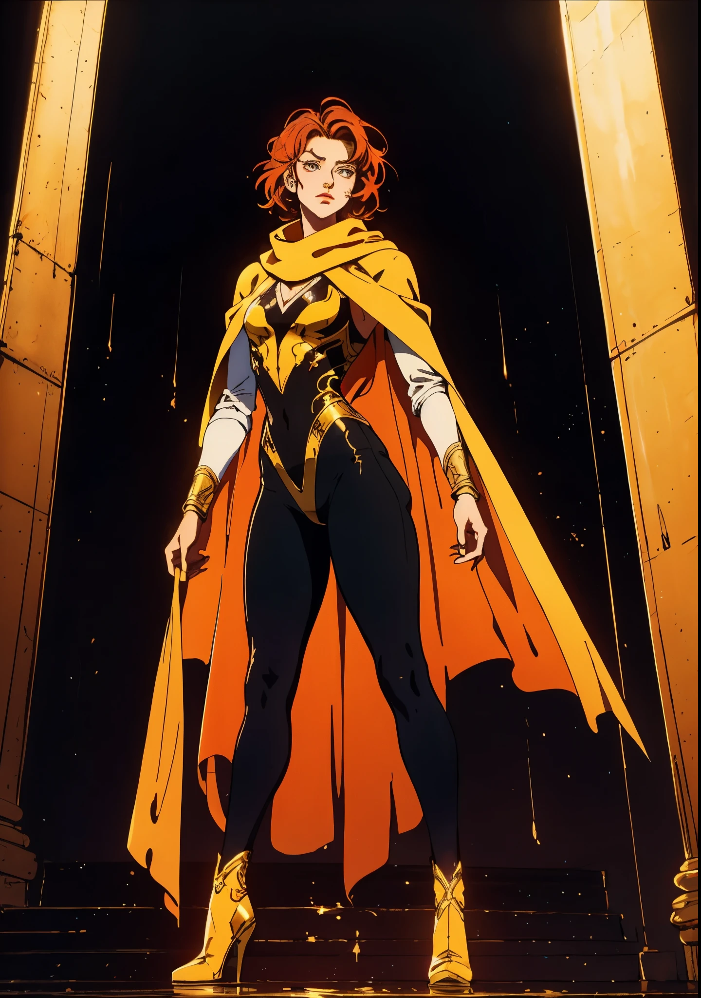 A teenager girl with short brown hair, delicate features, a focused gaze, a determined expression, she has a petite figure akin to a gymnast, adorned with a long flowing cape-like scarf in red and yellow hues, a fantasy-realism-style gymnastics leotard with a long hemline attached, paired with matching leggings, ((black as the main color, complemented by red and yellow accents)), (she poised on a vast stage enveloped in mystery, she emitting a sacred glow in the dim environment), this character embodies a finely crafted fantasy-realism-style dancer in anime style, exquisite and mature manga art style, perfect body, porcelain skin, high definition, best quality, highres, ultra-detailed, ultra-fine painting, extremely delicate, professional, anatomically correct, symmetrical face, extremely detailed eyes and face, high quality eyes, creativity, RAW photo, UHD, 32k, Natural light, cinematic, masterpiece-anatomy-perfect, masterpiece:1.5