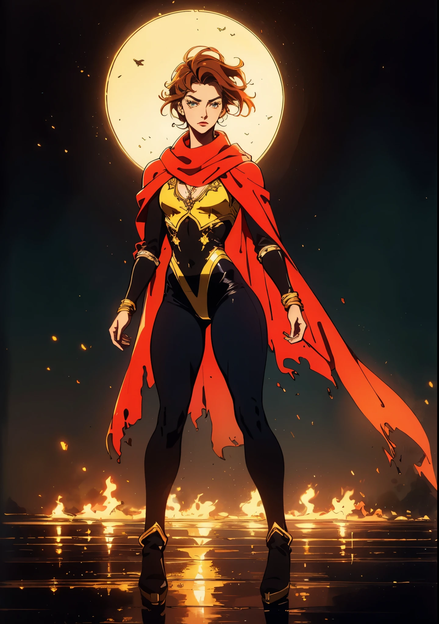 A teenager girl with short brown hair, delicate features, a focused gaze, a determined expression, she has a petite figure akin to a gymnast, adorned with a long flowing cape-like scarf in red and yellow hues, a fantasy-realism-style gymnastics leotard with a long hemline attached, paired with matching leggings, ((black as the main color, complemented by red and yellow accents)), (she poised on a vast stage enveloped in mystery, she emitting a sacred glow in the dim environment), this character embodies a finely crafted fantasy-realism-style dancer in anime style, exquisite and mature manga art style, perfect body, porcelain skin, high definition, best quality, highres, ultra-detailed, ultra-fine painting, extremely delicate, professional, anatomically correct, symmetrical face, extremely detailed eyes and face, high quality eyes, creativity, RAW photo, UHD, 32k, Natural light, cinematic, masterpiece-anatomy-perfect, masterpiece:1.5