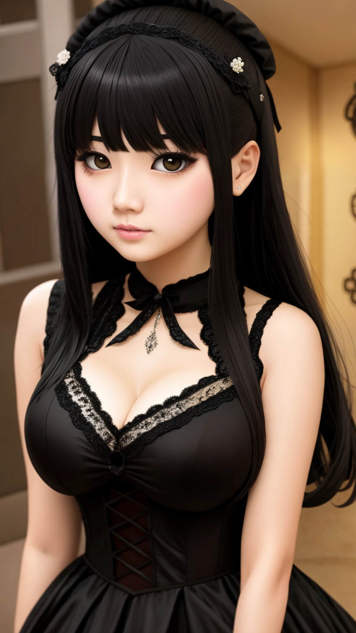 ((best quality)), ((muste piece)), (detailed face), (highlight), (full body), princess、Big breasts、blunt bangs、black hair、Gothic ta、