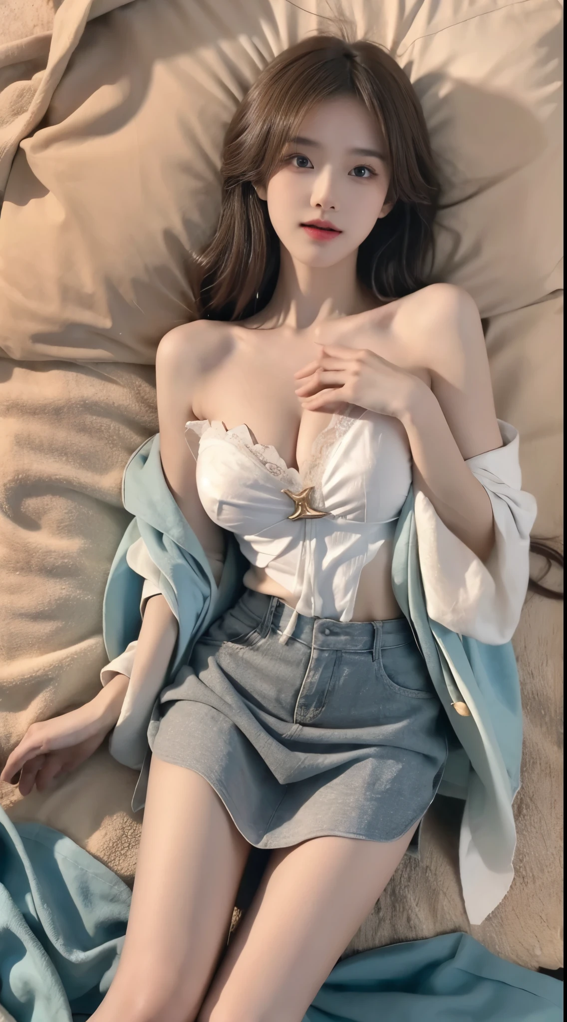 (masterpiece, best quality:1.2), 1girl, solo, ((bare shoulders)), (actual:1.37), ((lying on a beach)), ((Bird's eye view shot)), Sweet maiden, beautiful妆容, Exquisite makeup, Extremely beautiful eyes, long hair, curls, slim body, ((big breasts, Big breasts, cleavage)), Sexy slender legs, The skirt is short, Leaking sexy legs, elegant posture, Dynamic posing, best quality, correct, correct的手, correct的腿, 解剖学correct, official art, complex, detail的脸, detail, lifelike, Very detailed, amazing, beautiful, Young and energetic, Charming model, Meticulous CG Uniform 8k wallpaper