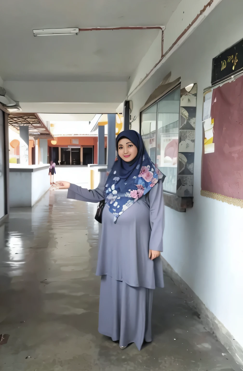 (Close up).RAW, Best quality, high resolution, work: 1.3, beautiful Malay woman in hijab, beautiful big eyes, smiling,, big breasts, thick thighs, woman walking on a pier , clothes, women full body, pregnant, large belly