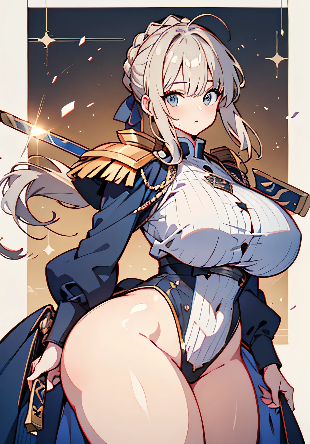 Erotic Anime Illustration、best image quality、Plump gal knight holding a sword、Artoria、perfect proportions、uniform、Overwhelming big breasts that go beyond common sense、thick legs with fat、cowboy shot、Also々new expression