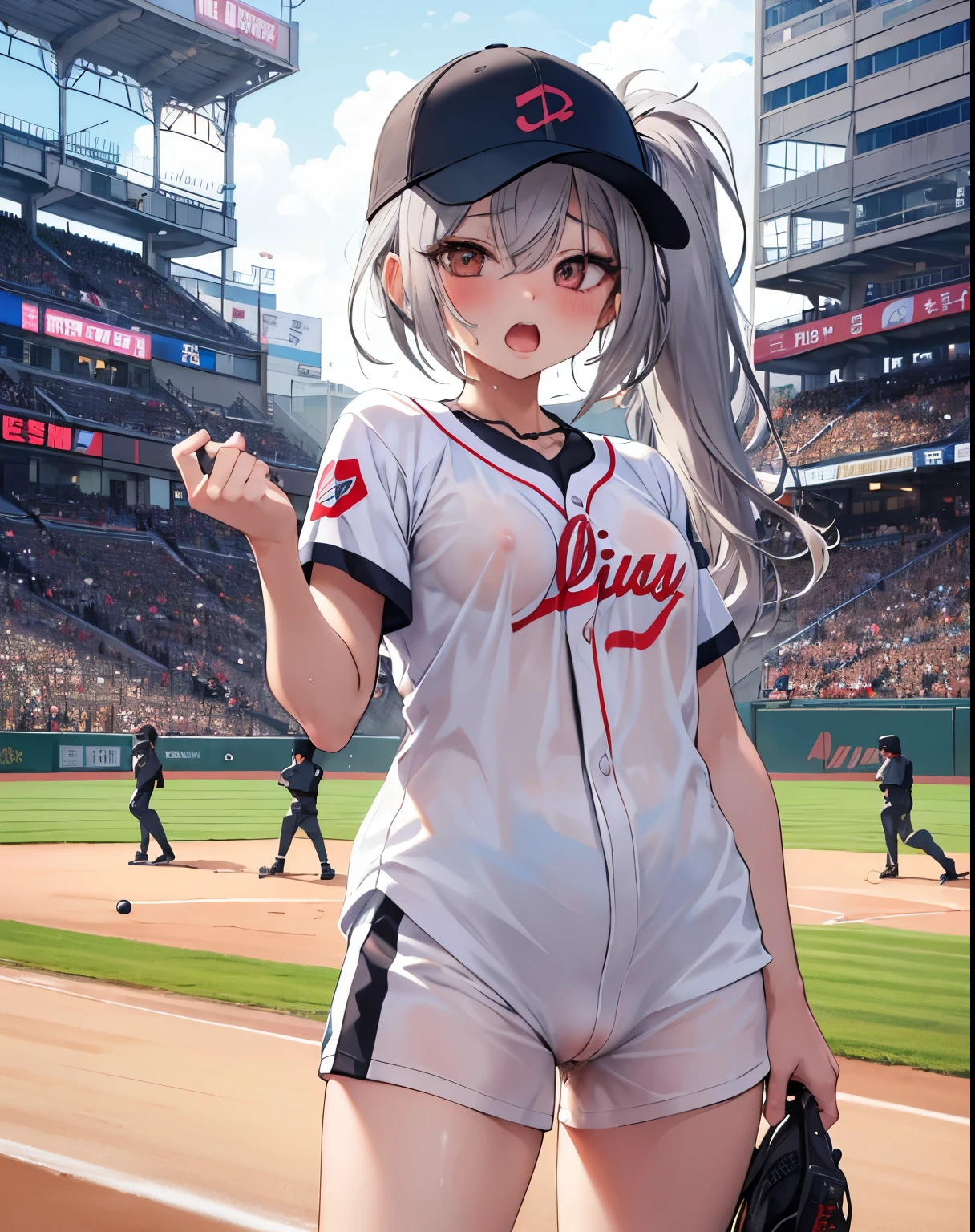 create,big breasts,9 ,Two dimensions,girl,long ponytail,gray hair,naked pussy naked nipples,野外baseball,in front of people,clear pussy juice,Ahegao,teeth grinding,small breasts,baseball,batter,hit the ball,orgasm,masturbation,large crowd of people々,uniform