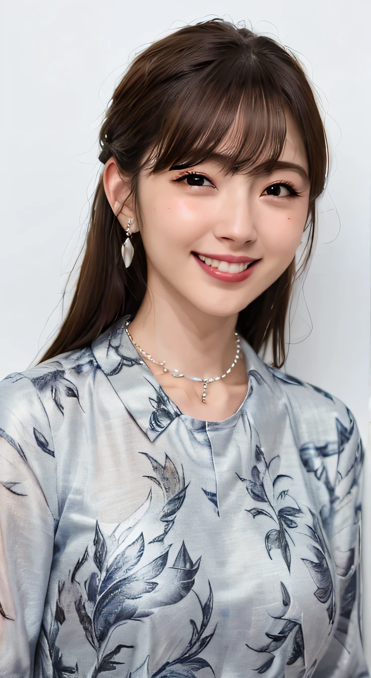 highest quality, whole body, masterpiece, dark eyebrows, ultra high resolution, realistic, very detailed, professional lighting smile, eagle nose, black hair、dark eyeliner、ear piercing、necklace around neck、shy smile、white teeth、mouth is open