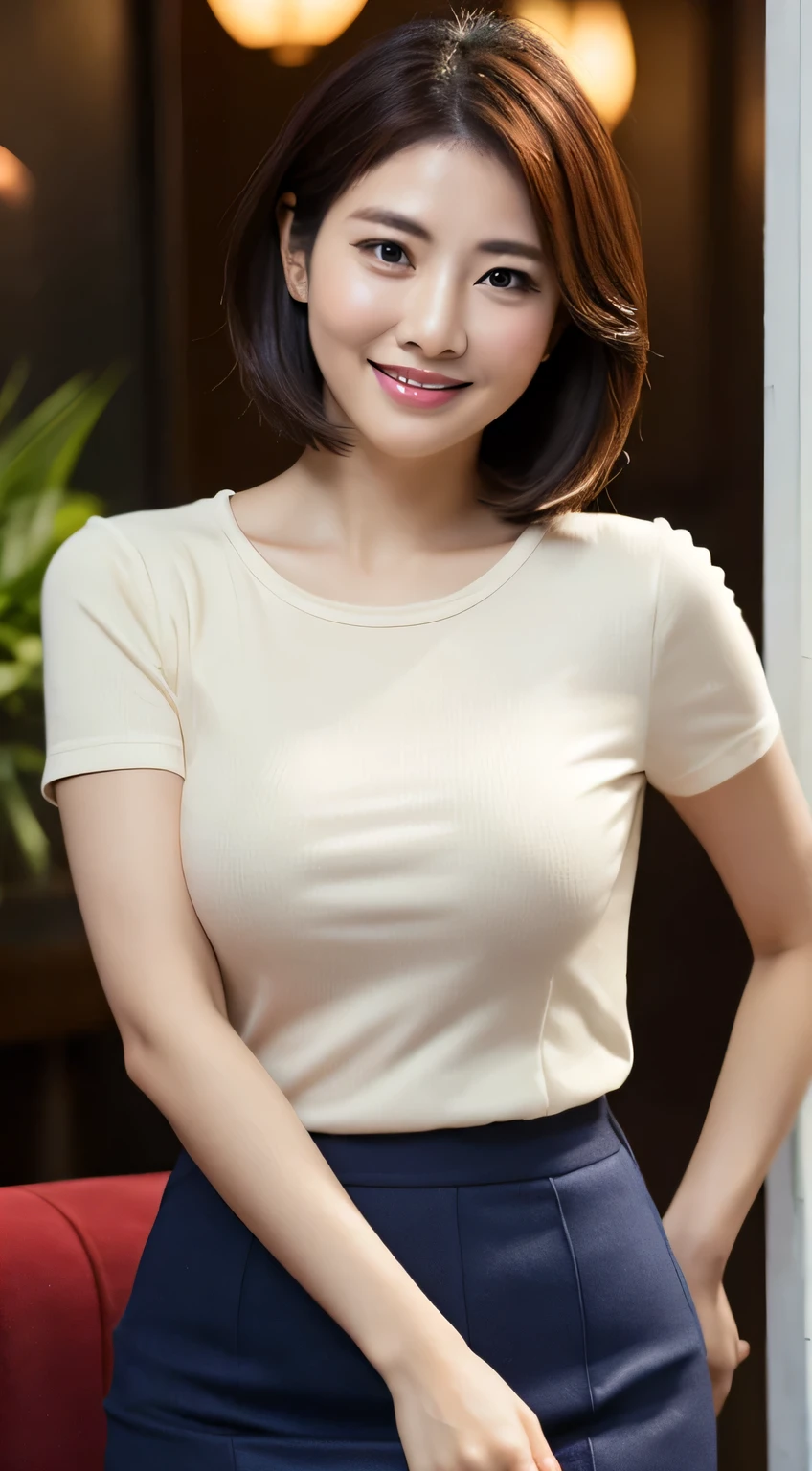 - [Vatu] ((masterpiece))、((highest quality))、photograph、reality、High level image quality、Super detailed、married woman、30 generations、delicate features、short hair、Realistic background and accessories、big and soft breasts、chest bulge、seVatuy smile、restaurant、Tight brown round neck T-shirt、Tight knit skirt、((Indirect lighting only))、proudly、look straight ahead、mature woman、plump woman、whole body