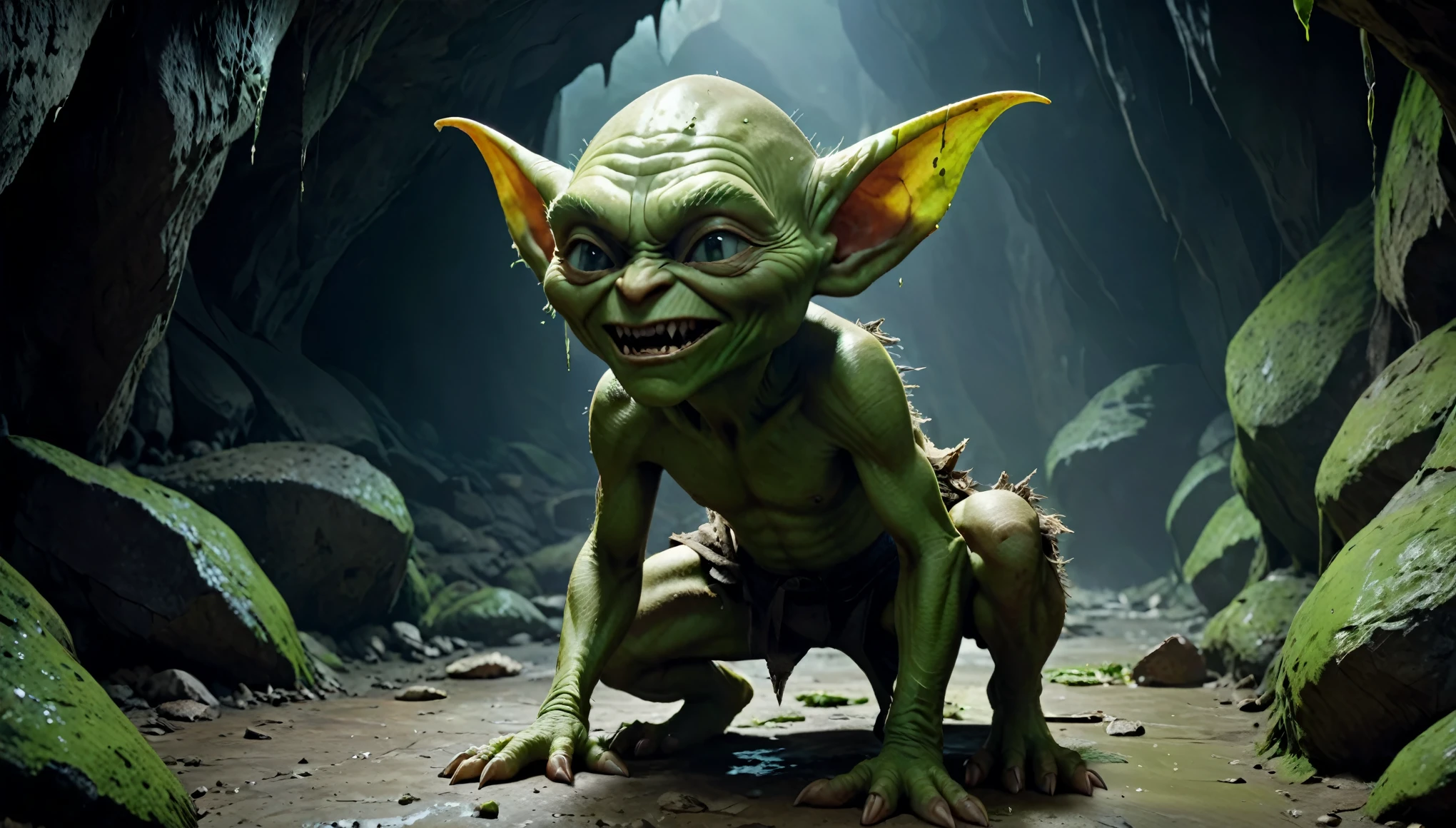 "(best quality,8k,masterpiece:1.2),Goblins,green,closed eyes,huge pointy ears,sharp teeth,bald,thin,47.2441 inches tall,dirty torn cloth clothing,in cave,passed out on the floor,defeated"