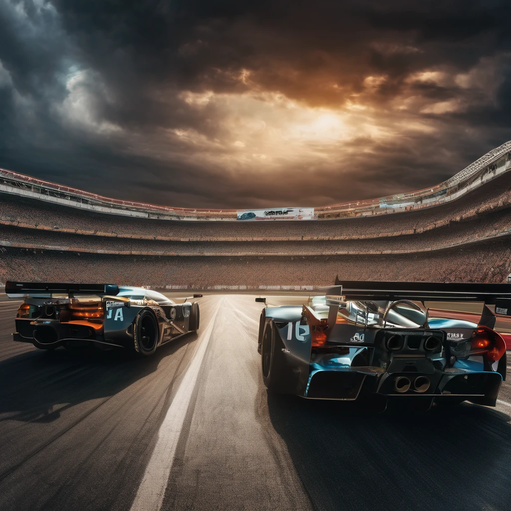 Racing Car, aesthetic, extremely detailed, Two cars, thrilling starting line drag race at the car race track, thunderclouds, dramatic detailed clouds, meticulously hyperdetailed fantasy photo with breathtaking intricate details, by WETA FX and industrial light and magic, intricate elaborate RTX enhanced CGI render