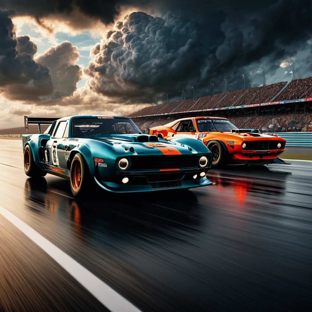 Racing Car, aesthetic, extremely detailed, Two cars, thrilling starting line drag race at the car race track, thunderclouds, dramatic detailed clouds, meticulously hyperdetailed fantasy photo with breathtaking intricate details, by WETA FX and industrial light and magic, intricate elaborate RTX enhanced CGI render