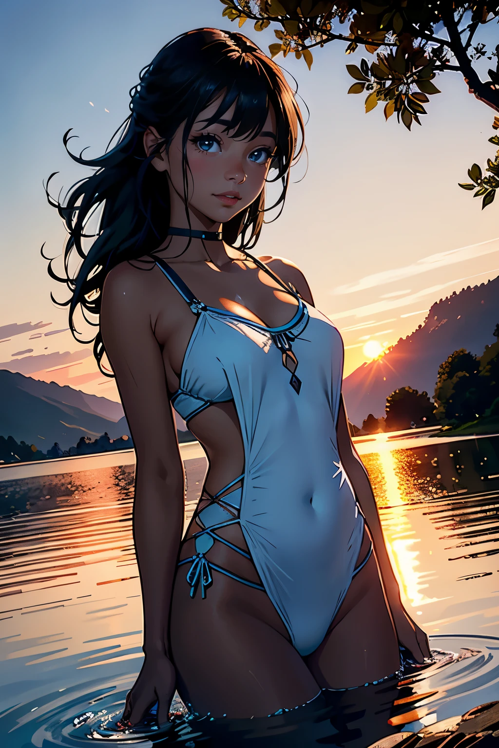 A breathtaking image unfolds as a radiantly beautiful girl stands by the tranquil edge of a mountain lake during the enchanting sunset. The scene radiates with the highest quality in 4K, 8K, and exquisite high-resolution details.

The girl's hypnotic eyes, framed by long, luscious lashes, gaze tenderly at the world, while her captivating smile leaves one entranced. Her radiant, glowing skin is gently caressed by the soft breezes, illuminated by the warm, inviting glow of the setting sun.

Her cascading tresses flow gracefully in the wind, their mes