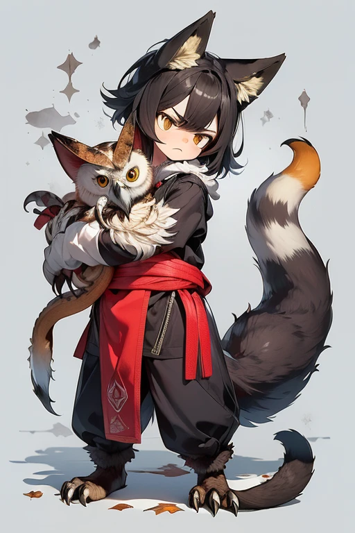 ((sad face four legged monster, Animals, fox head, wolf carcass, owl back wing, tail snake)),