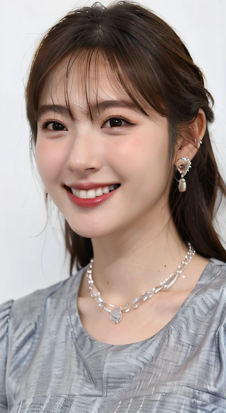 highest quality, whole body, masterpiece, dark eyebrows, ultra high resolution, realistic, very detailed, professional lighting smile, eagle nose, black hair、dark eyeliner、ear piercing、necklace around neck、shy smile、white teeth、mouth is open