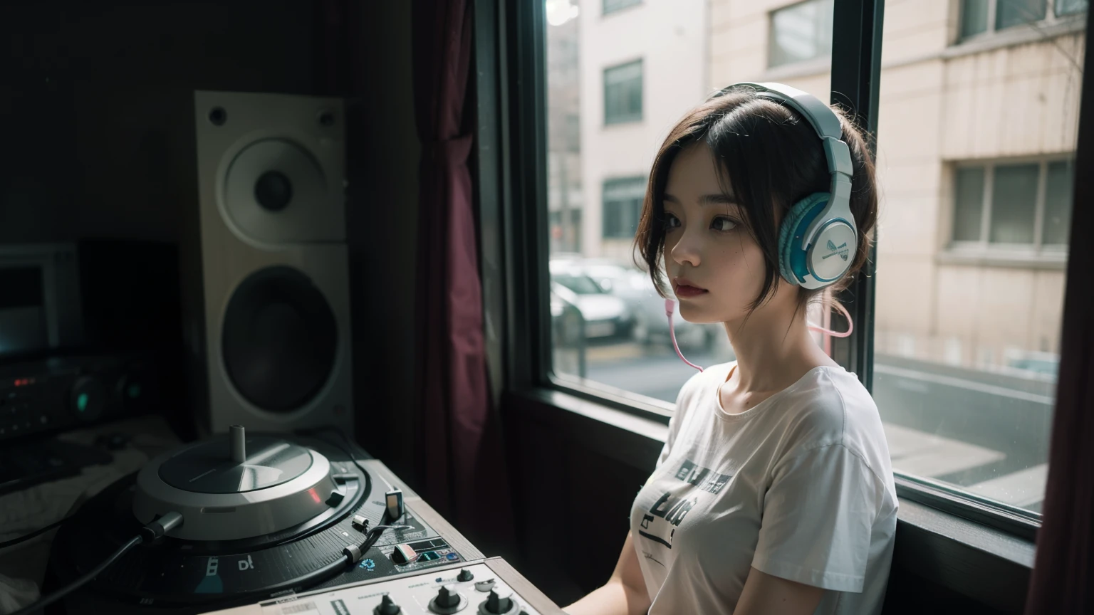 arafed woman with headphones looking out of a window at night, girl wearing headphones, pink headphones, with headphones, lofi girl, with headphones, lofi portrait at a window, dreamy cyberpunk girl, listen to music, wearing headphones, headphones on, Cute girl with short hair in sapphire, white glowing headphones, headphones dj rave, listen to music at 2 am, cyberpunk atmosphere,breast enhancement,Pale green T-shirt