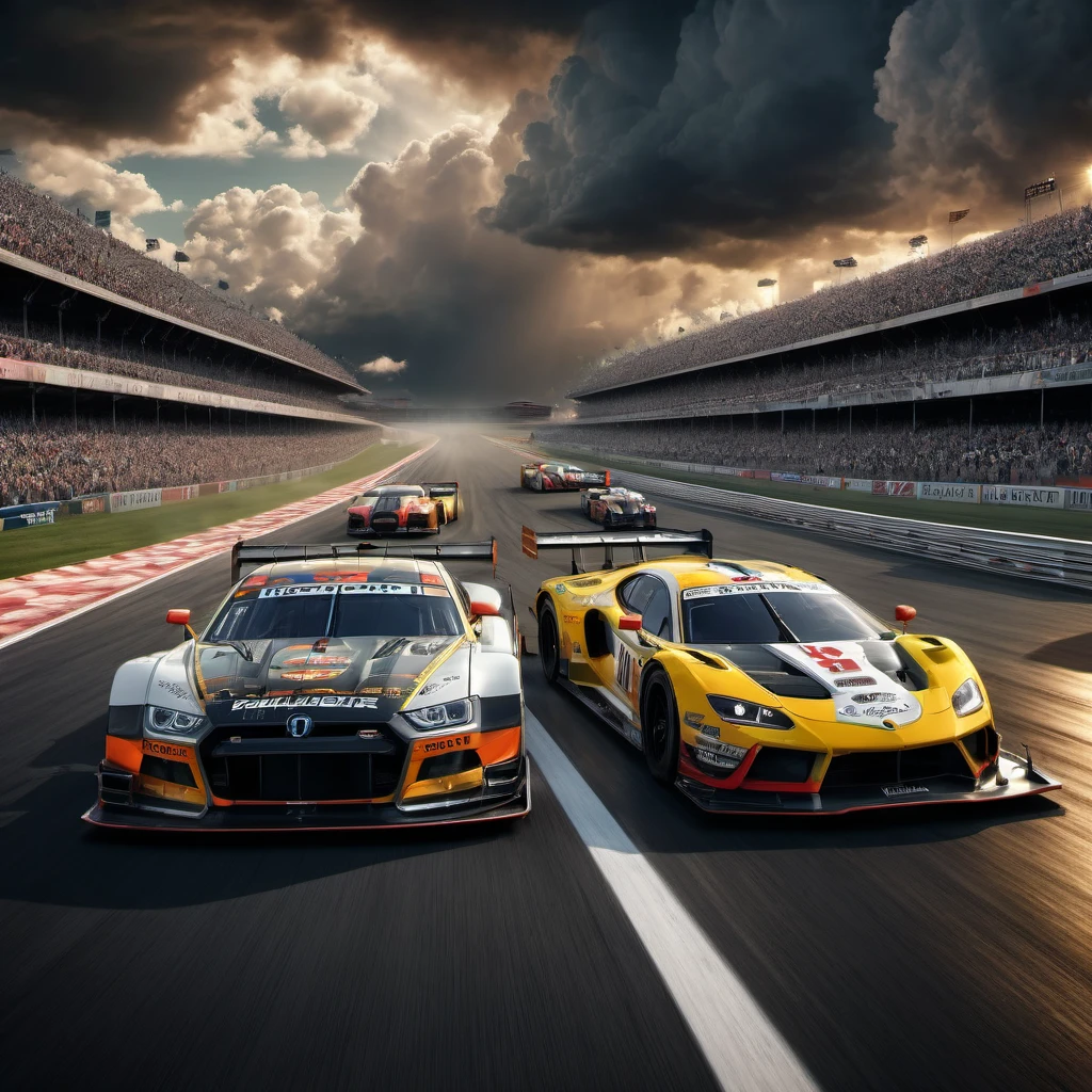Racing Car, aesthetic, extremely detailed, Two cars, thrilling starting line drag race at the car race track, thunderclouds, dramatic detailed clouds, meticulously hyperdetailed fantasy photo with breathtaking intricate details, by WETA FX and industrial light and magic, intricate elaborate RTX enhanced CGI render