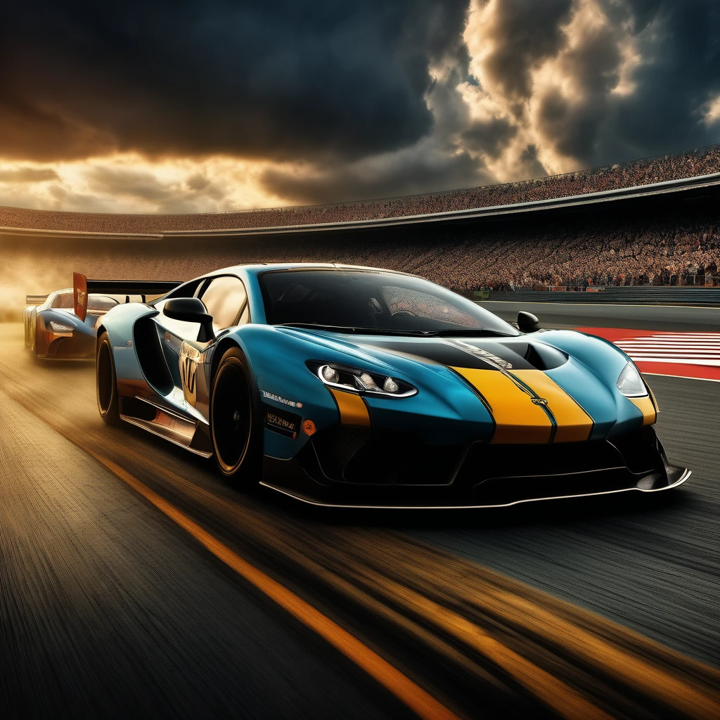 Racing Car, aesthetic, extremely detailed, Two cars, thrilling starting line drag race at the car race track, thunderclouds, dramatic detailed clouds, meticulously hyperdetailed fantasy photo with breathtaking intricate details, by WETA FX and industrial light and magic, intricate elaborate RTX enhanced CGI render