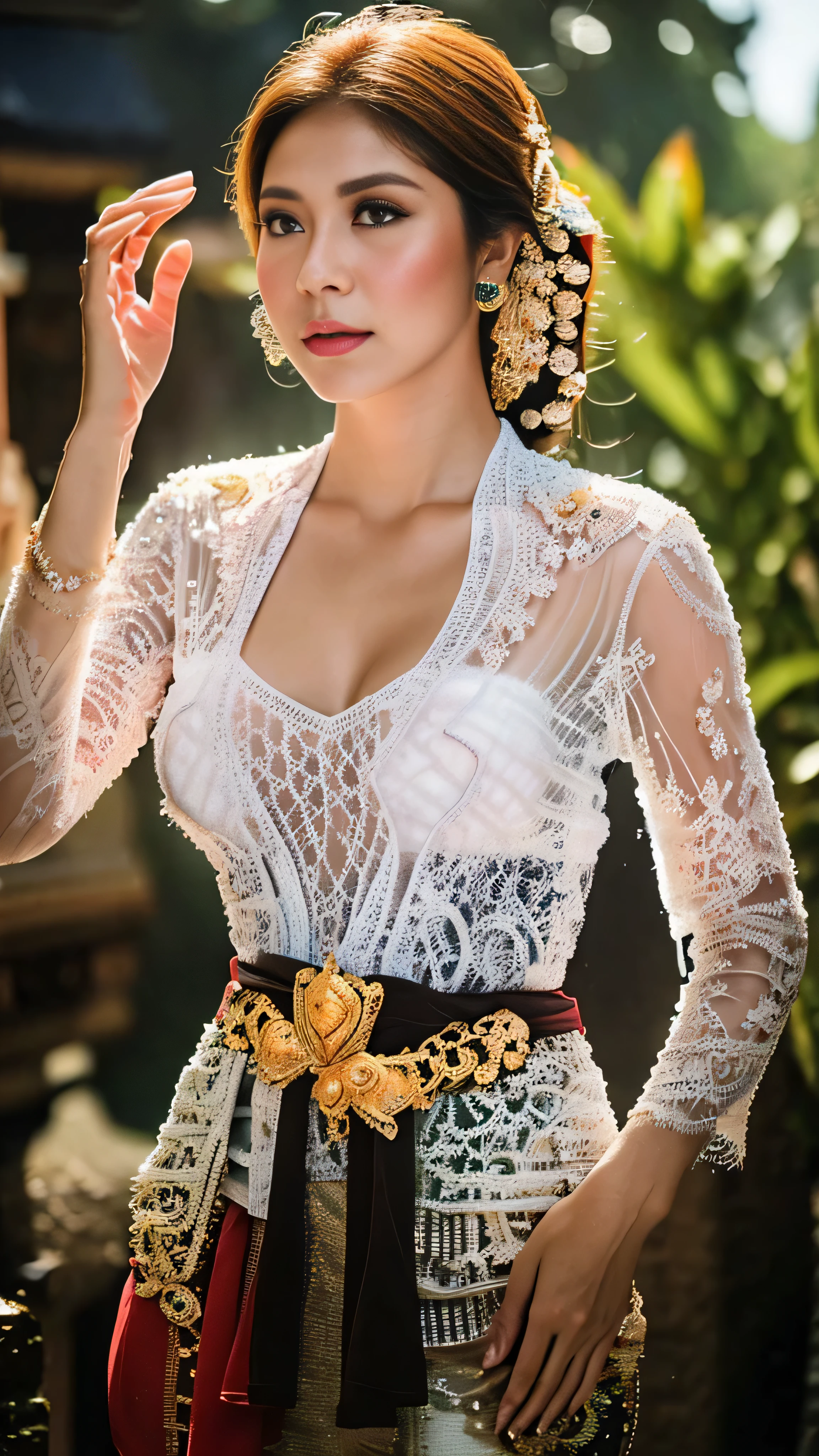 masterpiece, Indonesian woman ,ultra realistic,32k,intricate details, sharp focus, realistic, closed, seductive pose, black eyes, jewelr, lips, realistic, looking_at_viewer, wet skin, shiny skin, SHORT SLEVES, indonesian clothes, bali, balinese, cityscape, transparent dynamic pose,topless,(((balinese kebaya))),full body,small breast, flat chest, ((small breasts:1.7)),curvy body,long hair,beauty face,cowboy shot,very small breast, tiny breast