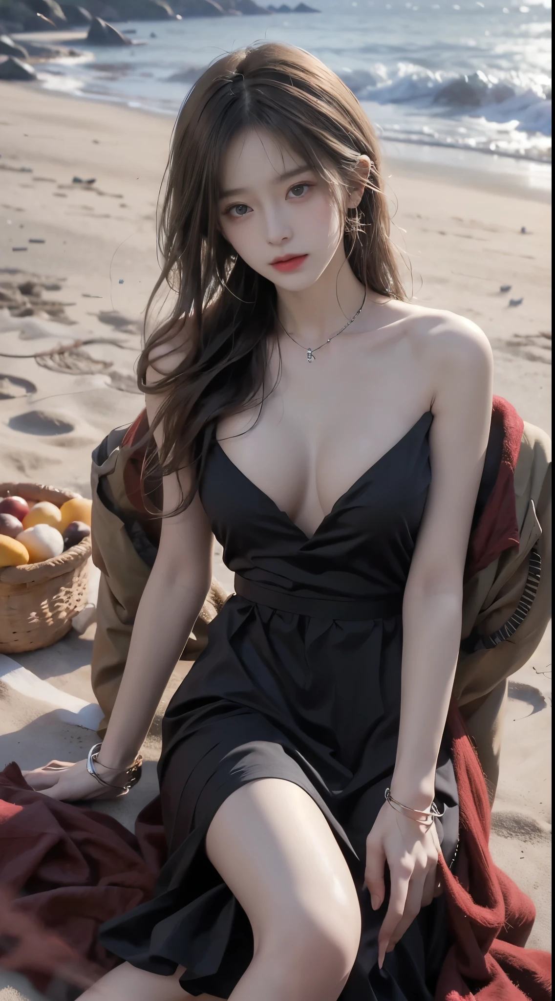 (masterpiece, best quality:1.2), 1girl, solo, ((bare shoulders)), (actual:1.37), ((lying on a beach)), ((Bird&#39;s eye view shot)), Sweet maiden, beautiful妆容, Exquisite makeup, Extremely beautiful eyes, long hair, curls, slim body, ((big breasts, Big breasts, cleavage)), Sexy slender legs, The skirt is short, Leaking sexy legs, elegant posture, Dynamic posing, best quality, correct, correct的手, correct的腿, 解剖学correct, official art, complex, detail的脸, detail, lifelike, Very detailed, amazing, beautiful, Young and energetic, Charming model, Meticulous CG Uniform 8k wallpaper