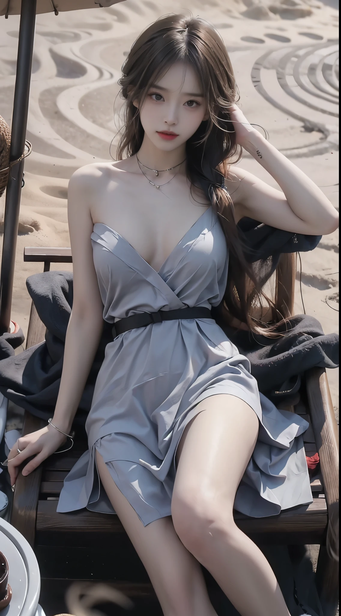 (masterpiece, best quality:1.2), 1girl, solo, ((bare shoulders)), (actual:1.37), ((lying on a beach)), ((Bird&#39;s eye view shot)), Sweet maiden, beautiful妆容, Exquisite makeup, Extremely beautiful eyes, long hair, curls, slim body, ((big breasts, Big breasts, cleavage)), Sexy slender legs, The skirt is short, Leaking sexy legs, elegant posture, Dynamic posing, best quality, correct, correct的手, correct的腿, 解剖学correct, official art, complex, detail的脸, detail, lifelike, Very detailed, amazing, beautiful, Young and energetic, Charming model, Meticulous CG Uniform 8k wallpaper